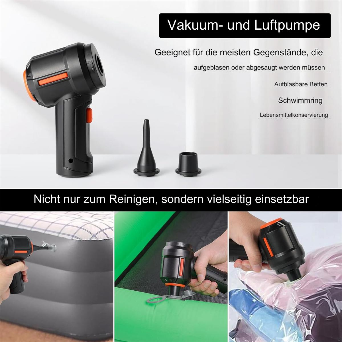 Schwarz-orange Vakuumpumpe mit Düsen. Text: Vakuum- und Luftpumpe, geeignet zum Aufblasen oder Absaugen von Gegenständen.