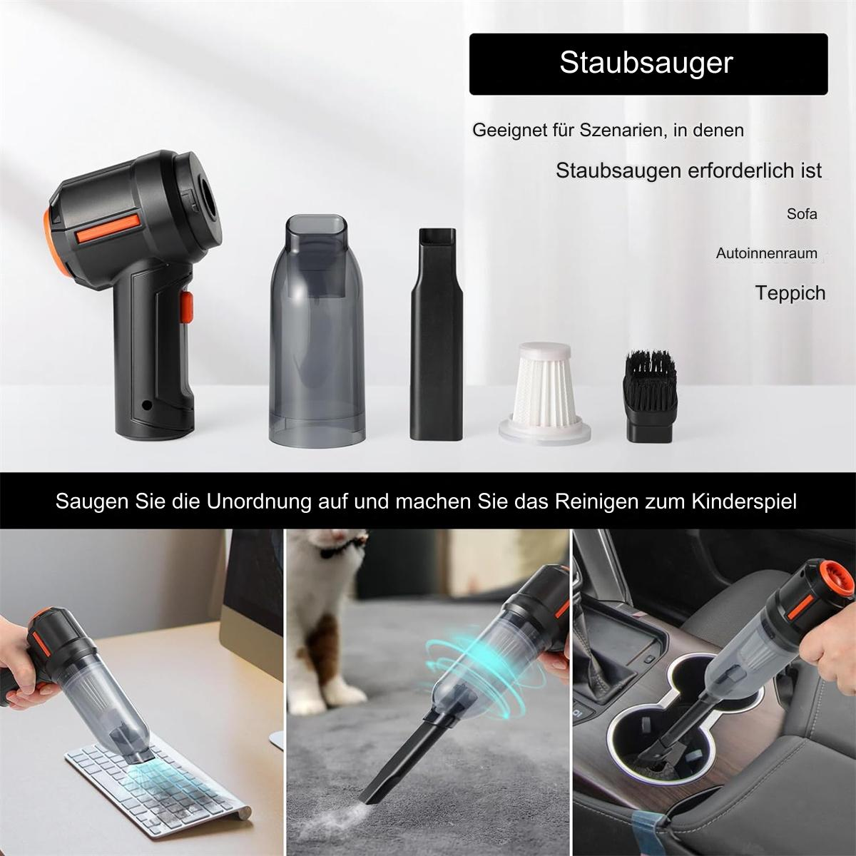 Ein schwarzer und orangefarbener Handstaubsauger mit Aufsätzen. Text sagt: 'Staubsauger' und 'geeignet für Szenarien'.