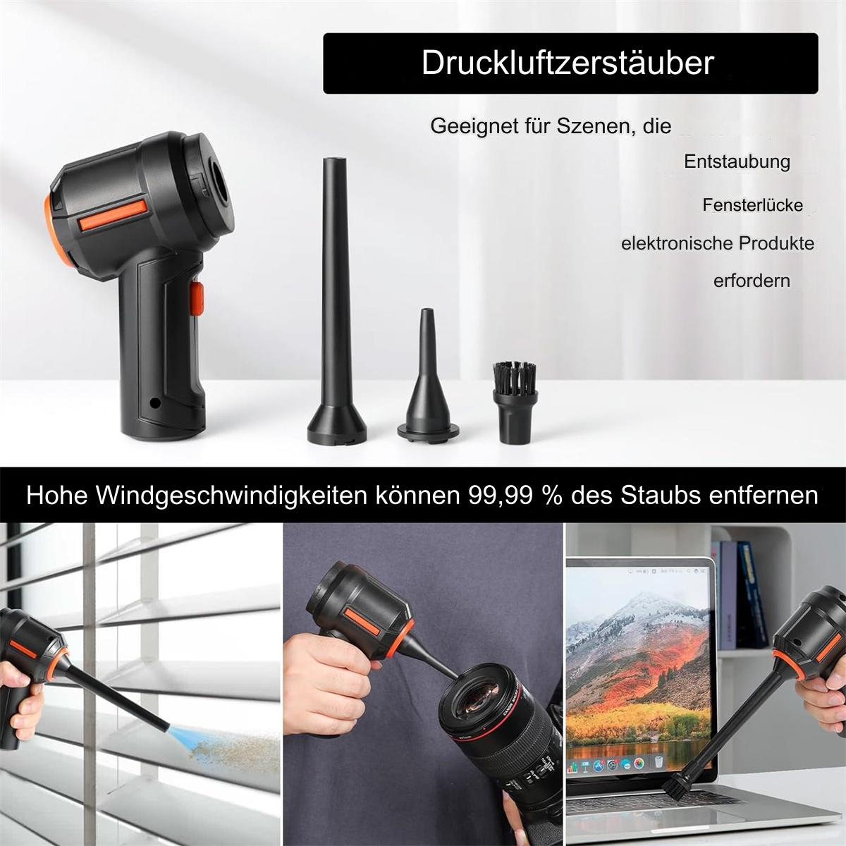 Ein Luftstaubsauger mit Aufsätzen. Demonstrationen zeigen die Reinigung von Jalousien, einer Linse und einem Laptop. Text auf Deutsch.