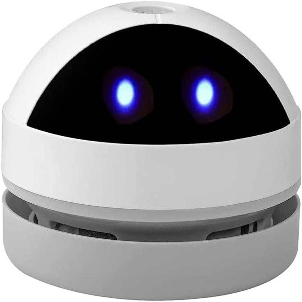 Ein weiß-grauer Roboter-Staubsauger mit schwarzem Gesicht und leuchtend blauen Augen. Er hat eine abgerundete Form.