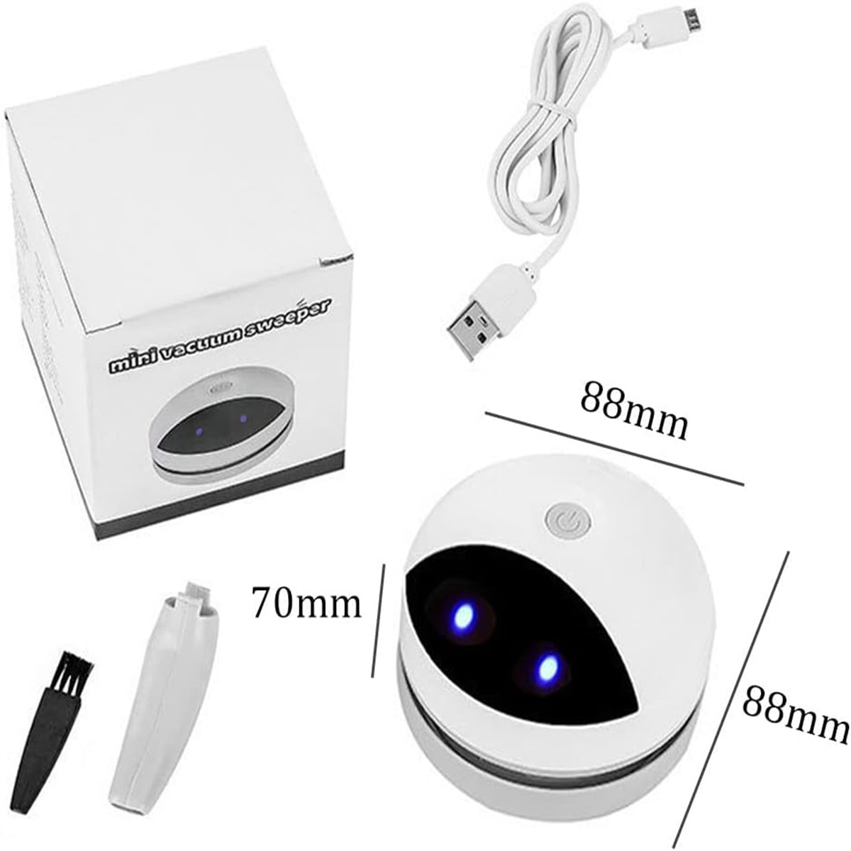 Weißer Mini-Staubsauger mit Box, Ladegerät und Zubehör. Der Staubsauger hat ein kreisförmiges Design und zwei blaue Lichter.