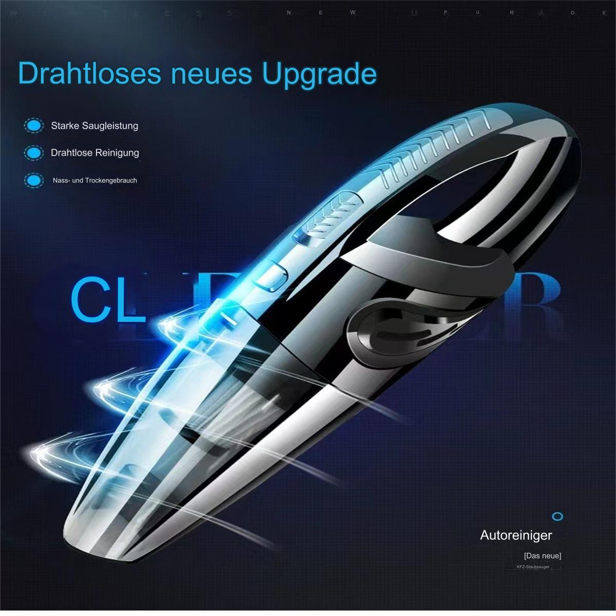 Ein Handstaubsauger mit schwarzem und silbernem Design wird vor einem dunkelblauen Hintergrund gezeigt. Das Bild ist eine Werbung.