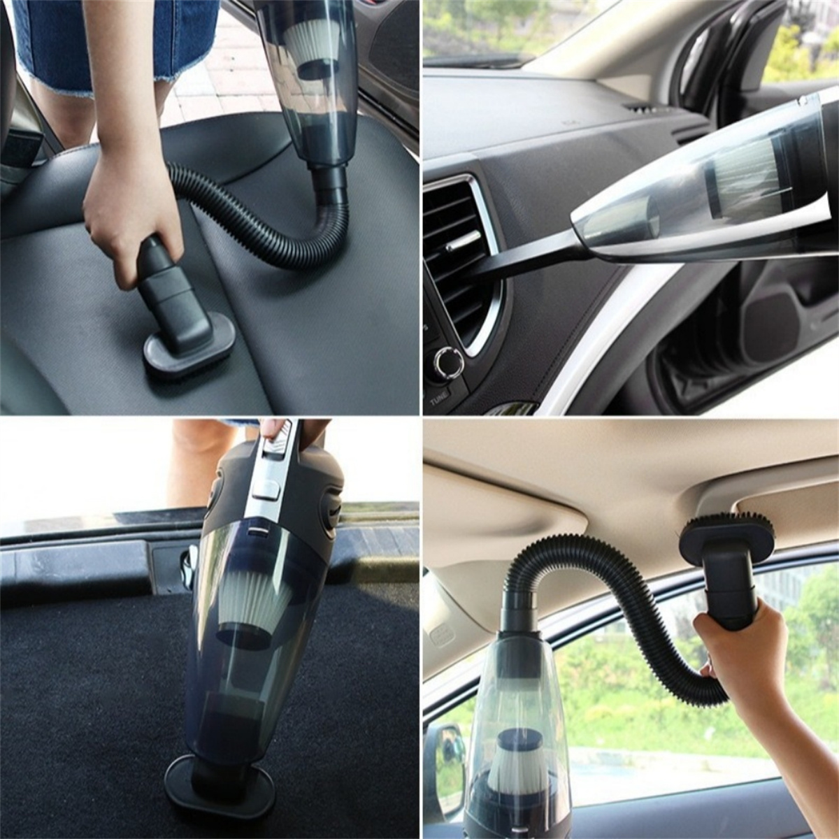 Ein Handstaubsauger wird in einem Auto verwendet. Er reinigt Sitze, Armaturenbrett und Dach. Der Staubsauger ist schwarz und hat einen transparenten Staubbehälter.