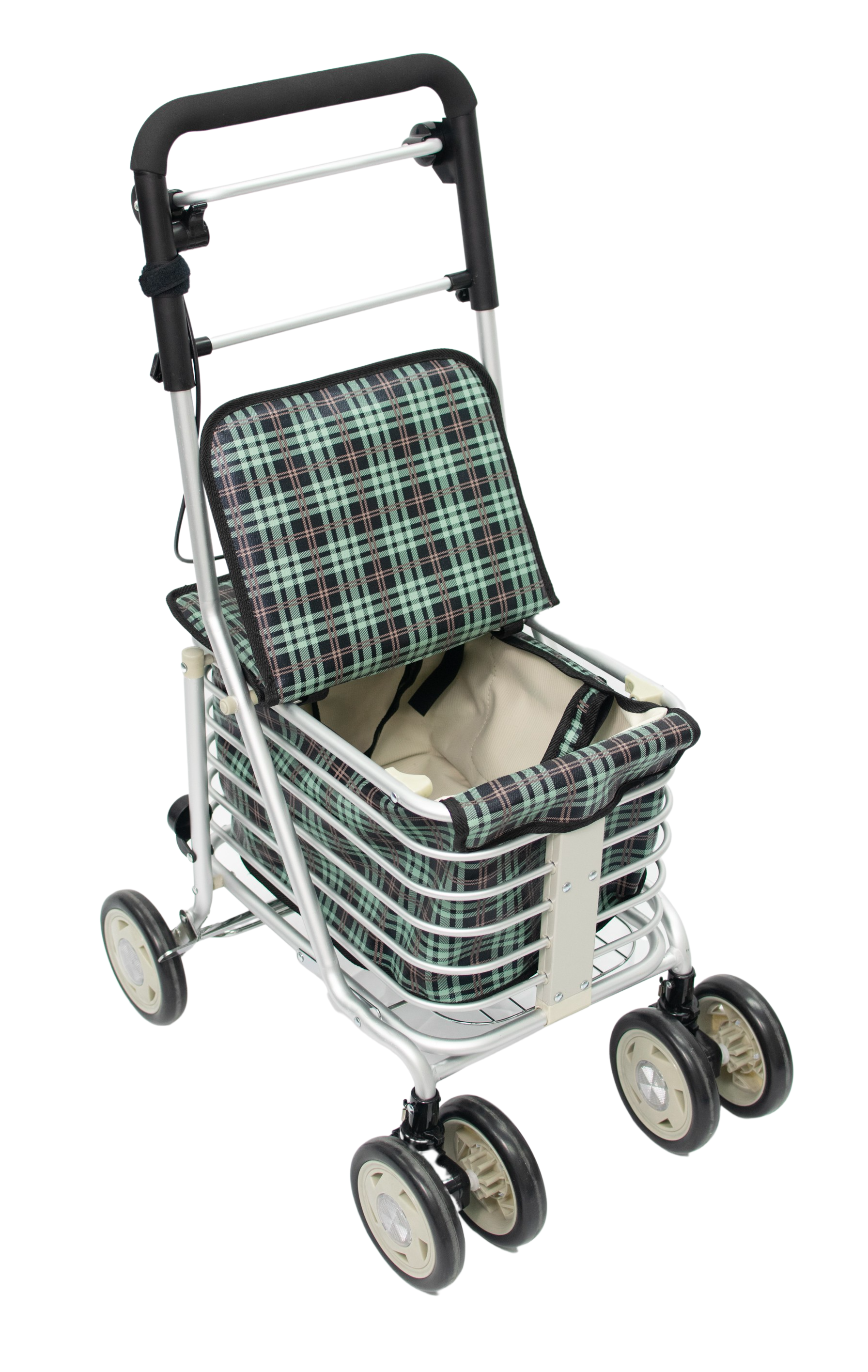 Un carrito de compras con un patrón de cuadros negros y verdes sobre un fondo blanco. Tiene cuatro ruedas y un asa.