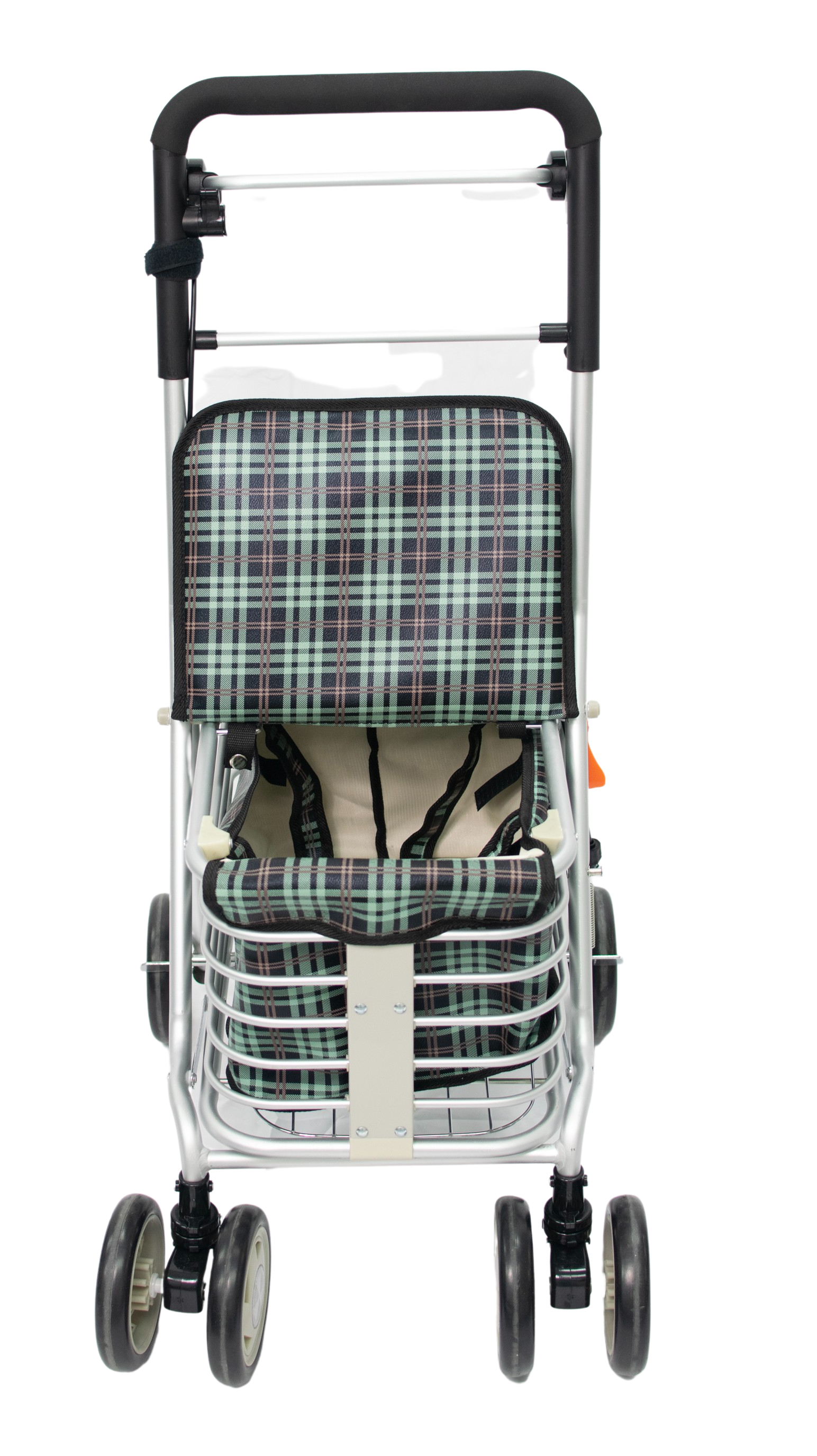 Un carrito de compras con asa negra y asiento a cuadros. Tiene cuatro juegos de ruedas y una cesta.