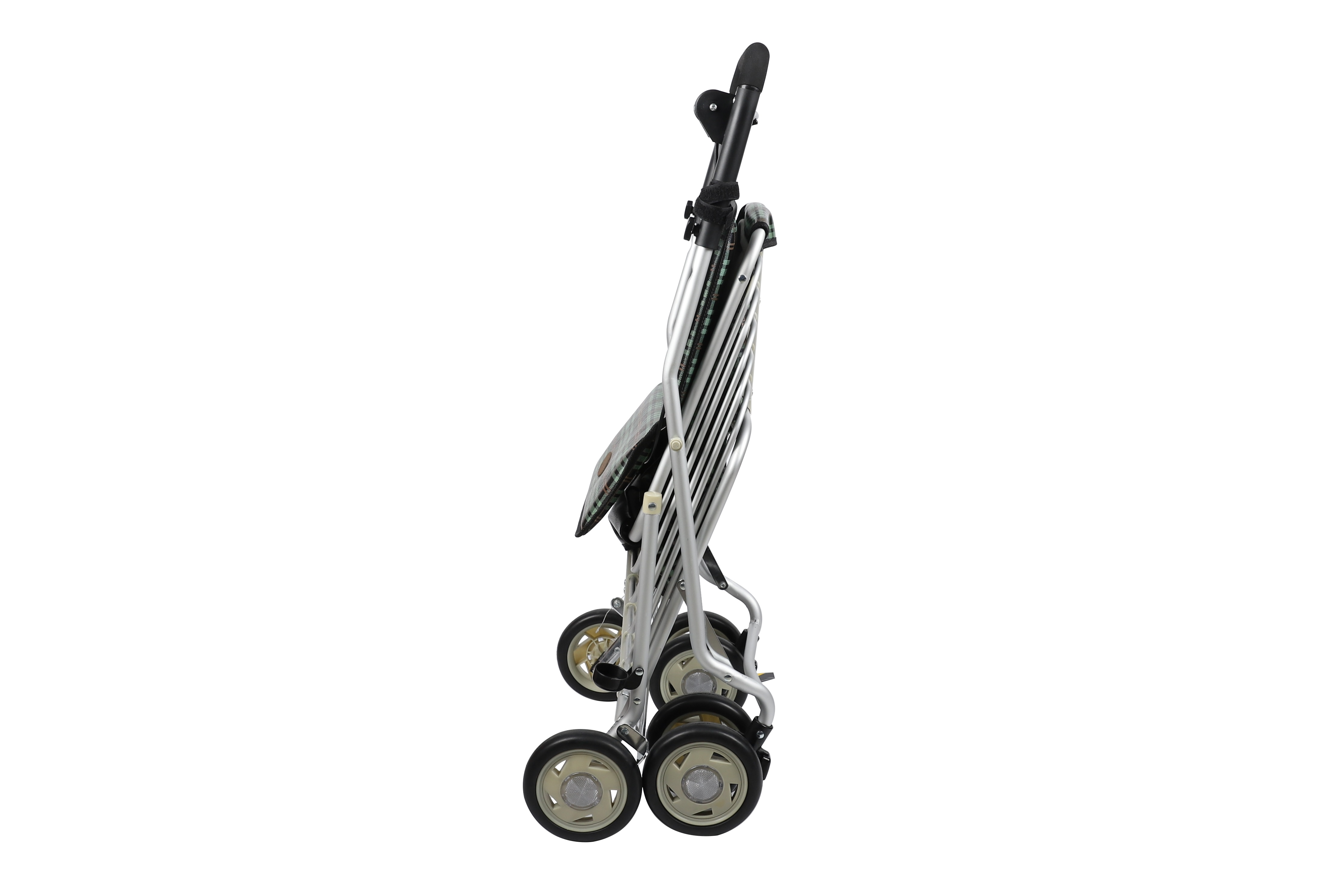 Un carrito de compras plegable se muestra de lado. Tiene un asa negra, marco plateado y cuatro ruedas.