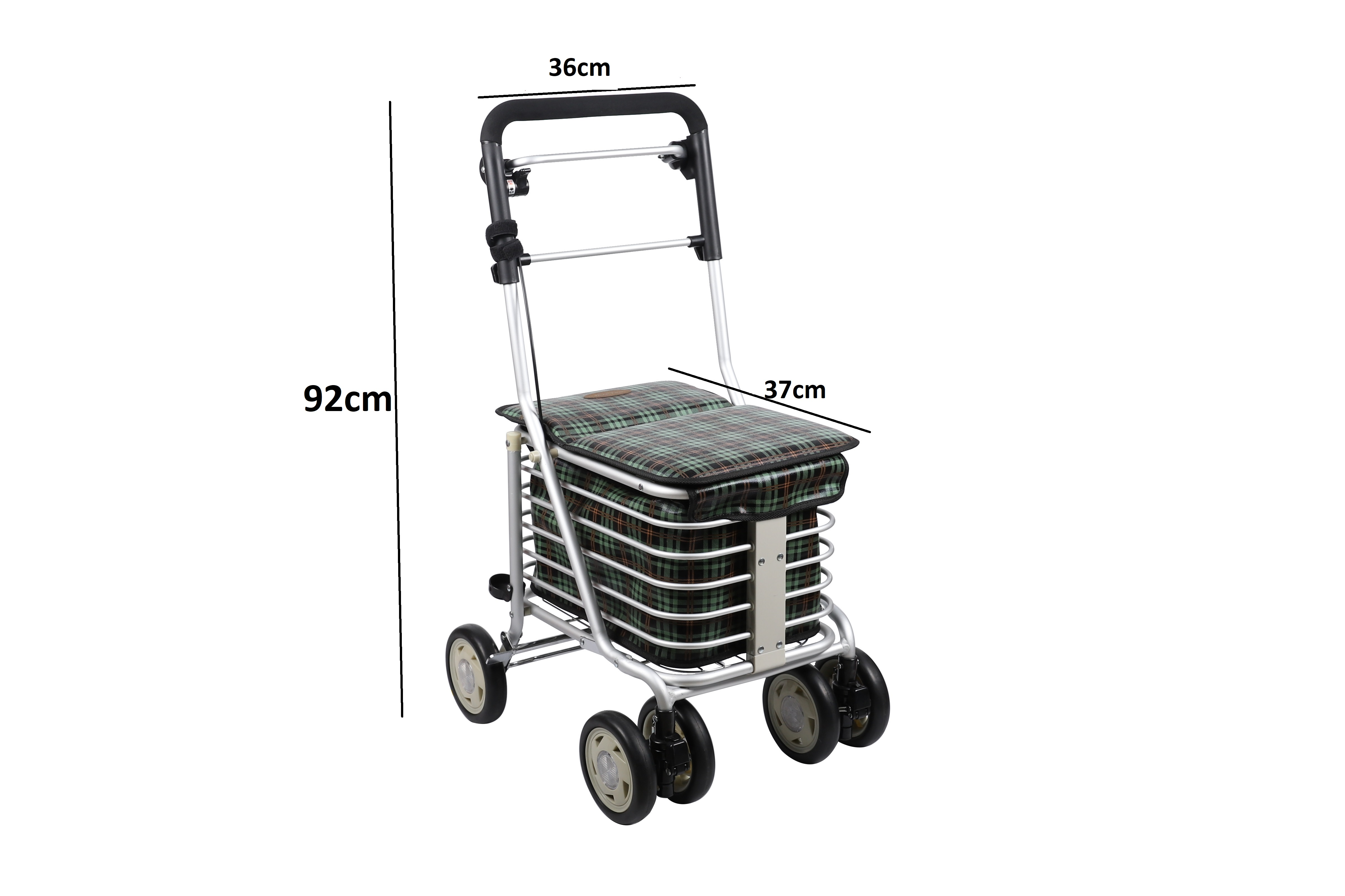 Carrito de compras con asas negras y asiento a cuadros verdes. Tiene cuatro ruedas y una cesta de almacenamiento.