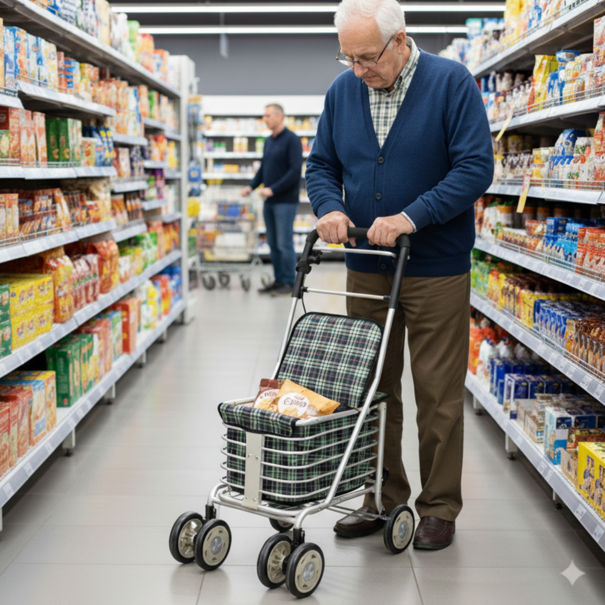 Un anciano con un suéter azul empuja un carrito de compras en un pasillo de supermercado. Estantes llenos de comestibles.