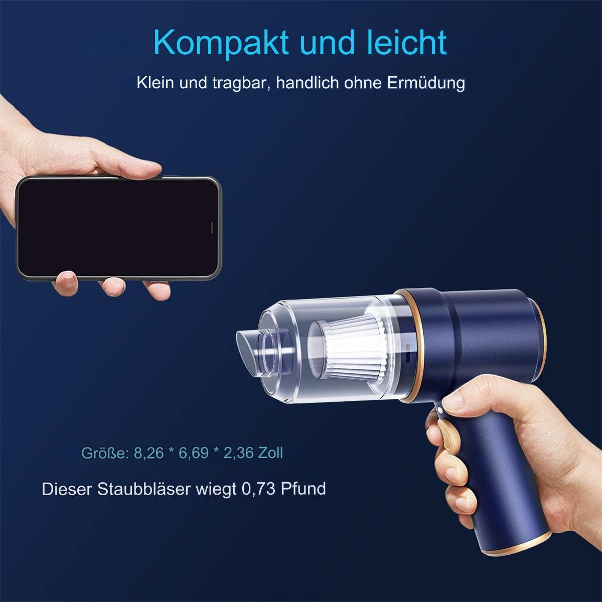 Eine Hand hält ein Telefon und einen blauen Handstaubsauger. Text sagt kompakt und leicht. Abmessungen und Gewicht werden ebenfalls angezeigt.
