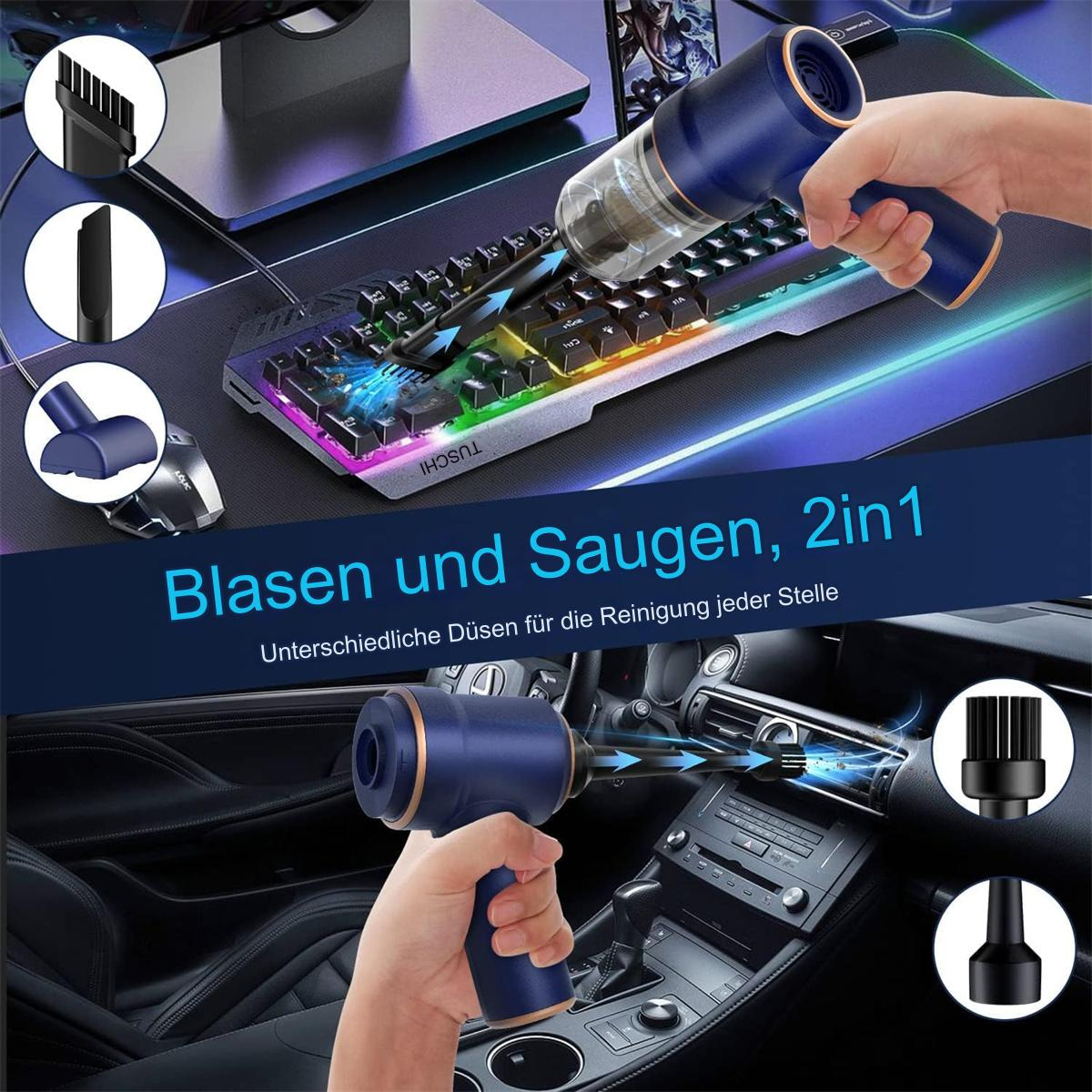 Ein Handstaubsauger reinigt eine Tastatur und einen Fahrzeuginnenraum. Verschiedene Düsen werden ebenfalls angezeigt.