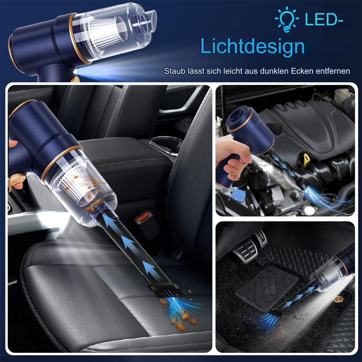 Ein kabelloser Staubsauger wird auf einem Autositz, Motor und einer Fußmatte verwendet. Es hat LED-Leuchten und entfernt Staub.