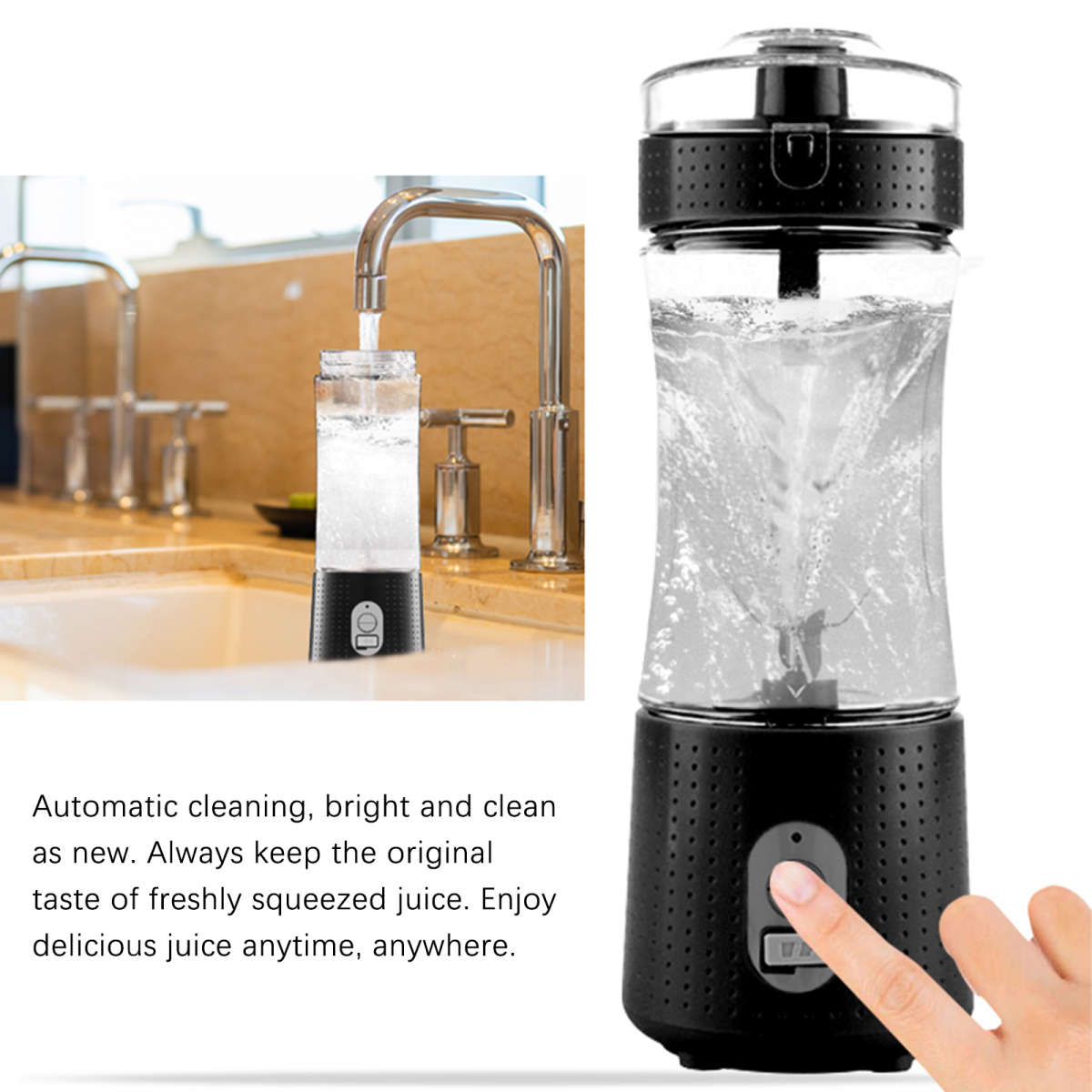 Ein schwarzer und klarer Entsafter. Eine Hand drückt die Taste. Wasser fließt aus einem Wasserhahn in einen ähnlichen Entsafter im Hintergrund.