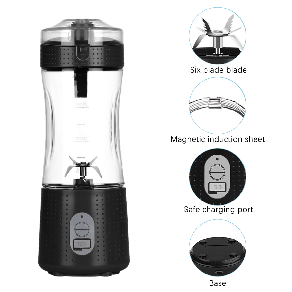 Schwarzer tragbarer Mixer mit transparentem Behälter. Details: Sechs-Klingen-Messer, Magnetblech, sicherer Ladeanschluss und Sockel werden gezeigt.