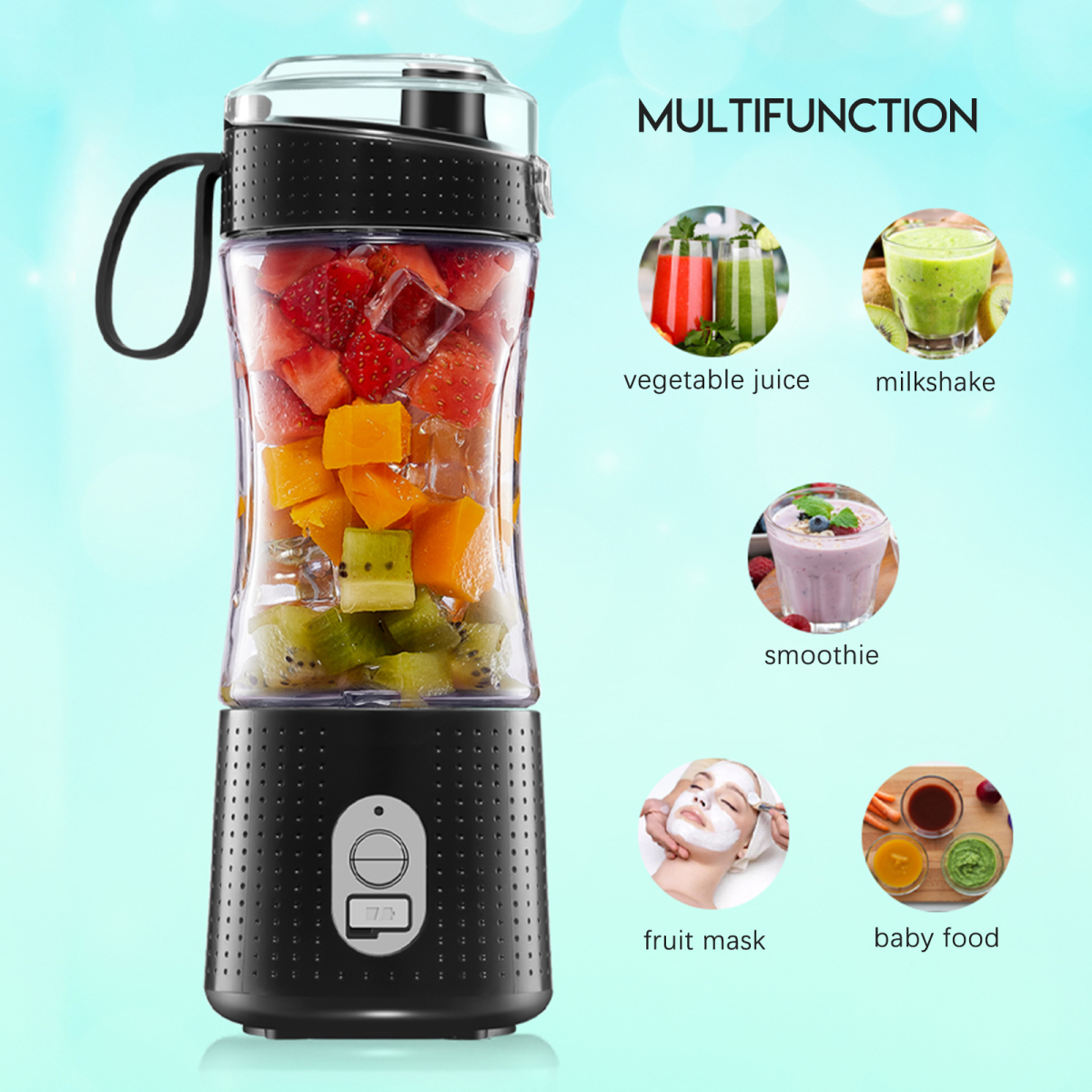Ein schwarzer Mixer mit Früchten im Inneren, zusammen mit Bildern von Saft, Smoothies und Hautpflegeprodukten, beschriftet mit 'Multifunktion'.