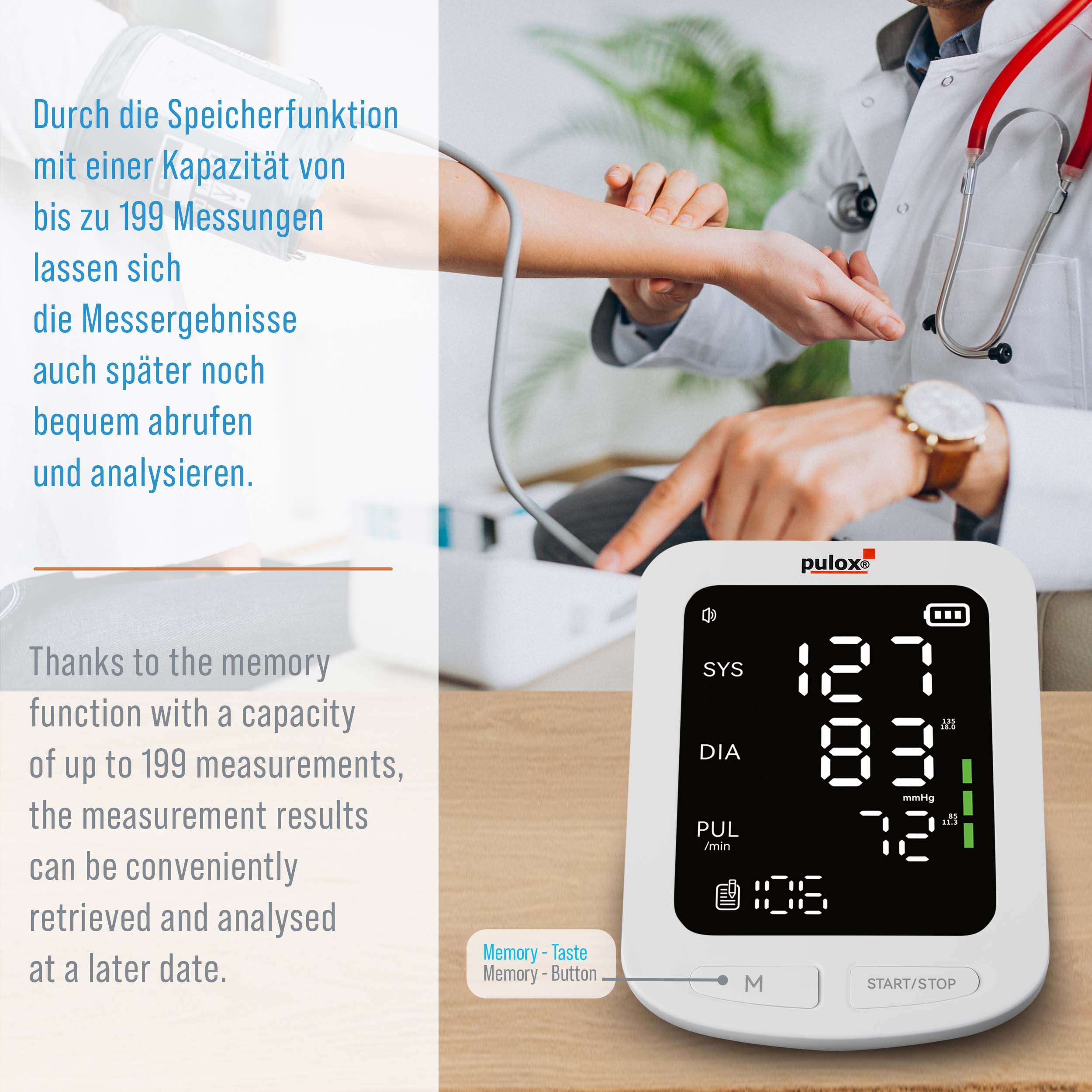 Ein Blutdruckmessgerät zeigt Messwerte an. Ein Arzt benutzt es an einem Patienten. Text erklärt Speicherfunktion.