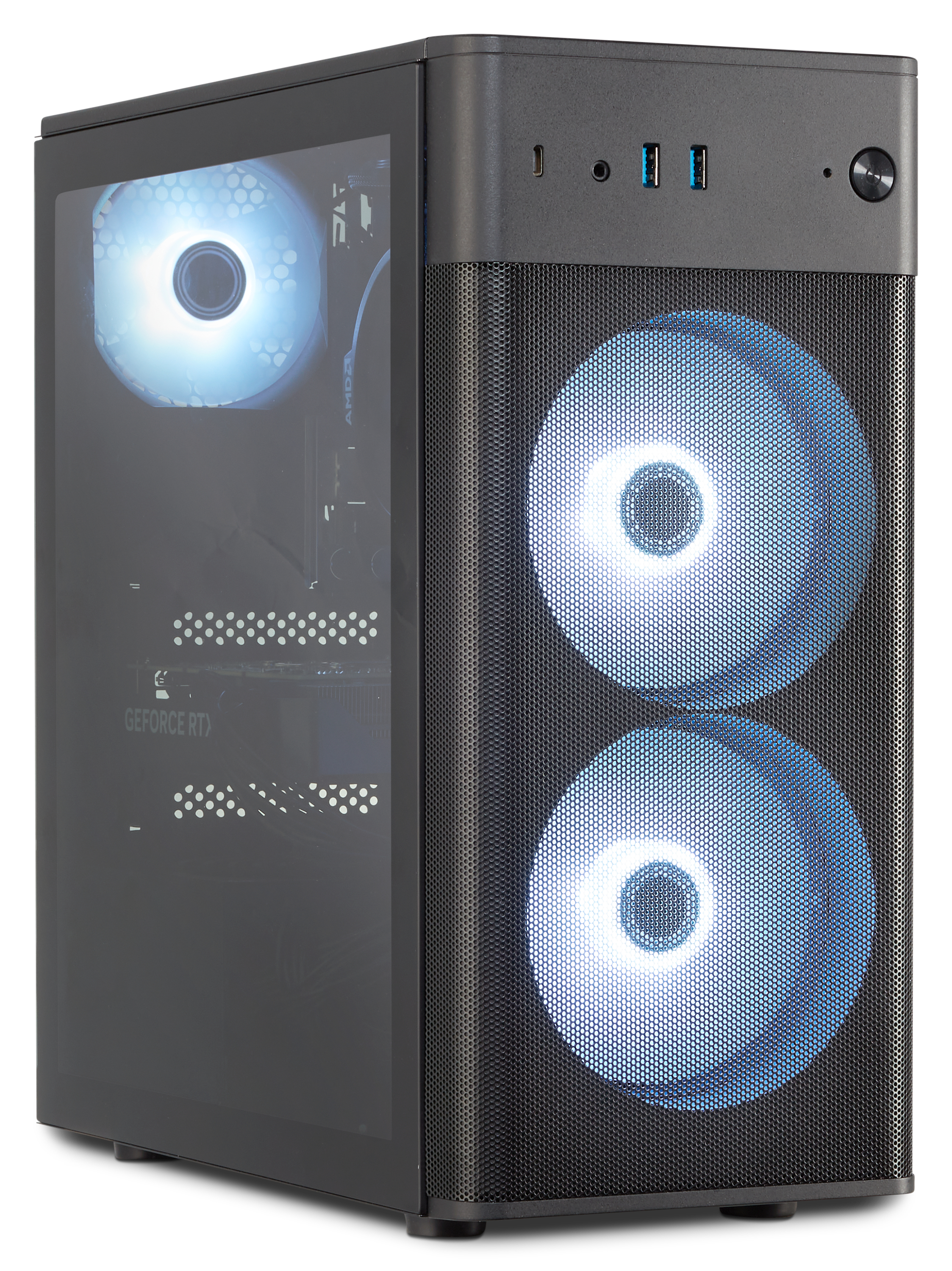 Un boîtier d'ordinateur noir avec un panneau latéral en verre et deux ventilateurs bleus brillants. Le boîtier a des ports USB et un bouton d'alimentation.