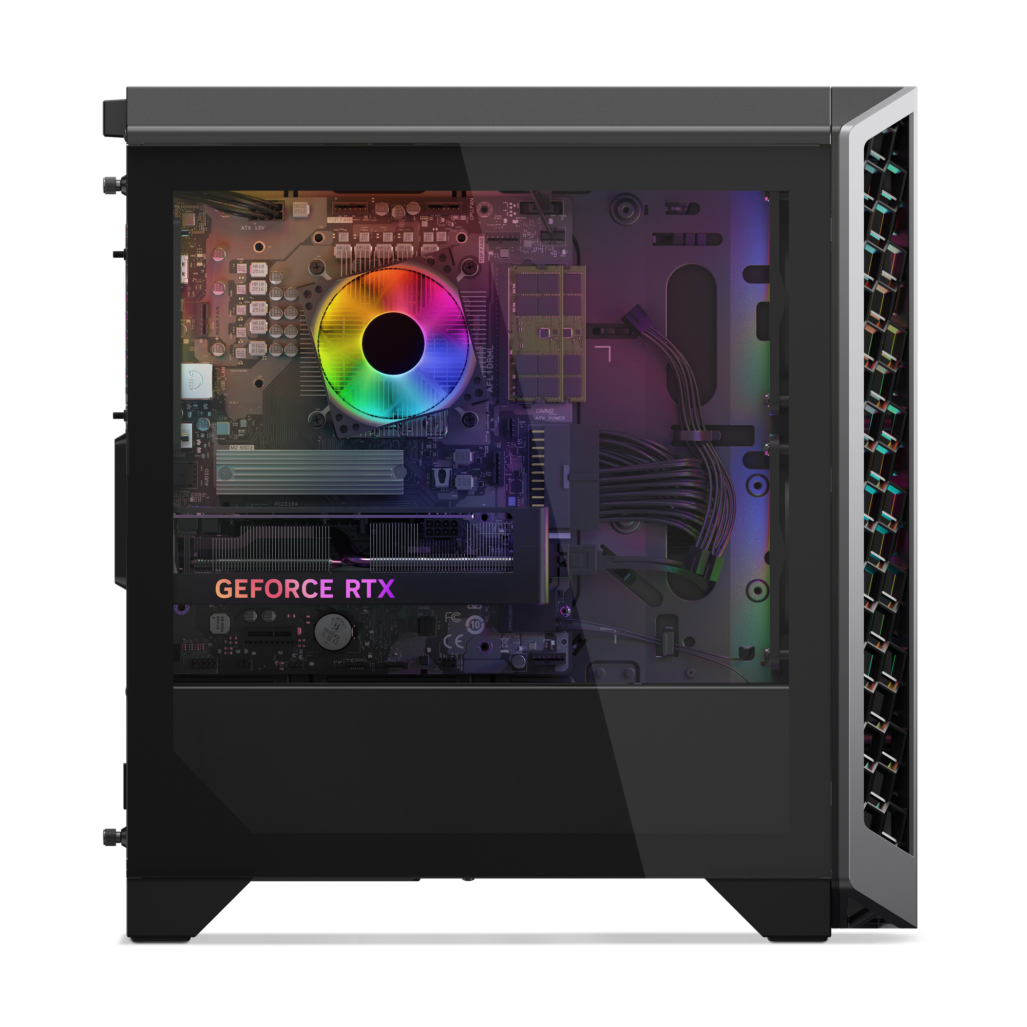 Ein PC-Gehäuse mit transparentem Seitenfenster, das interne Komponenten wie GPU, CPU-Kühler und Motherboard mit RGB-Beleuchtung zeigt.