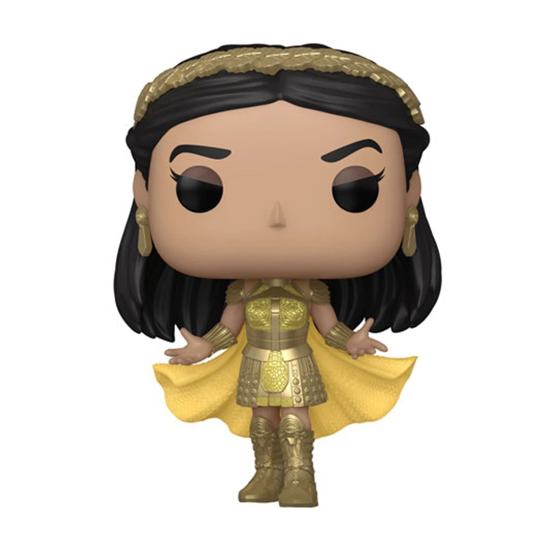 Eine Funko Pop-Figur einer Frau in goldener Rüstung und einem gelben Umhang. Sie hat schwarzes Haar, einen goldenen Kranz und steht vor weißem Hintergrund.