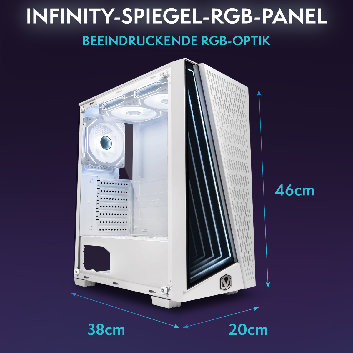 Weißes PC-Gehäuse mit RGB-Beleuchtung. Maße: 46 cm hoch, 38 cm breit, 20 cm tief. Modernes Design mit Glasfront.