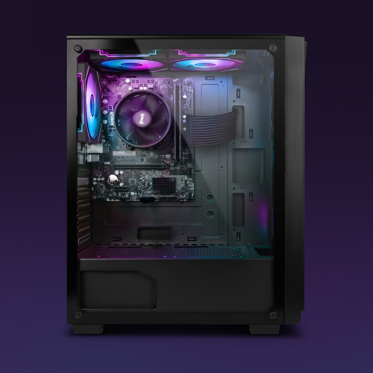 Caja de computadora negra con componentes internos visibles. Se ven el enfriador de CPU, la placa base y ventiladores con luces LED de colores.