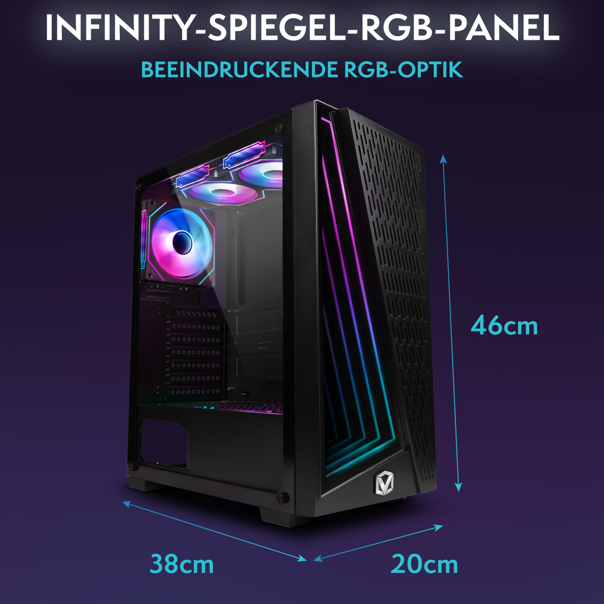 Caja de ordenador negra con iluminación RGB, dimensiones 38x20x46cm. Texto: 'INFINITY-SPIEGEL-RGB-PANEL BEEINDRUCKENDE RGB-OPTIK'.