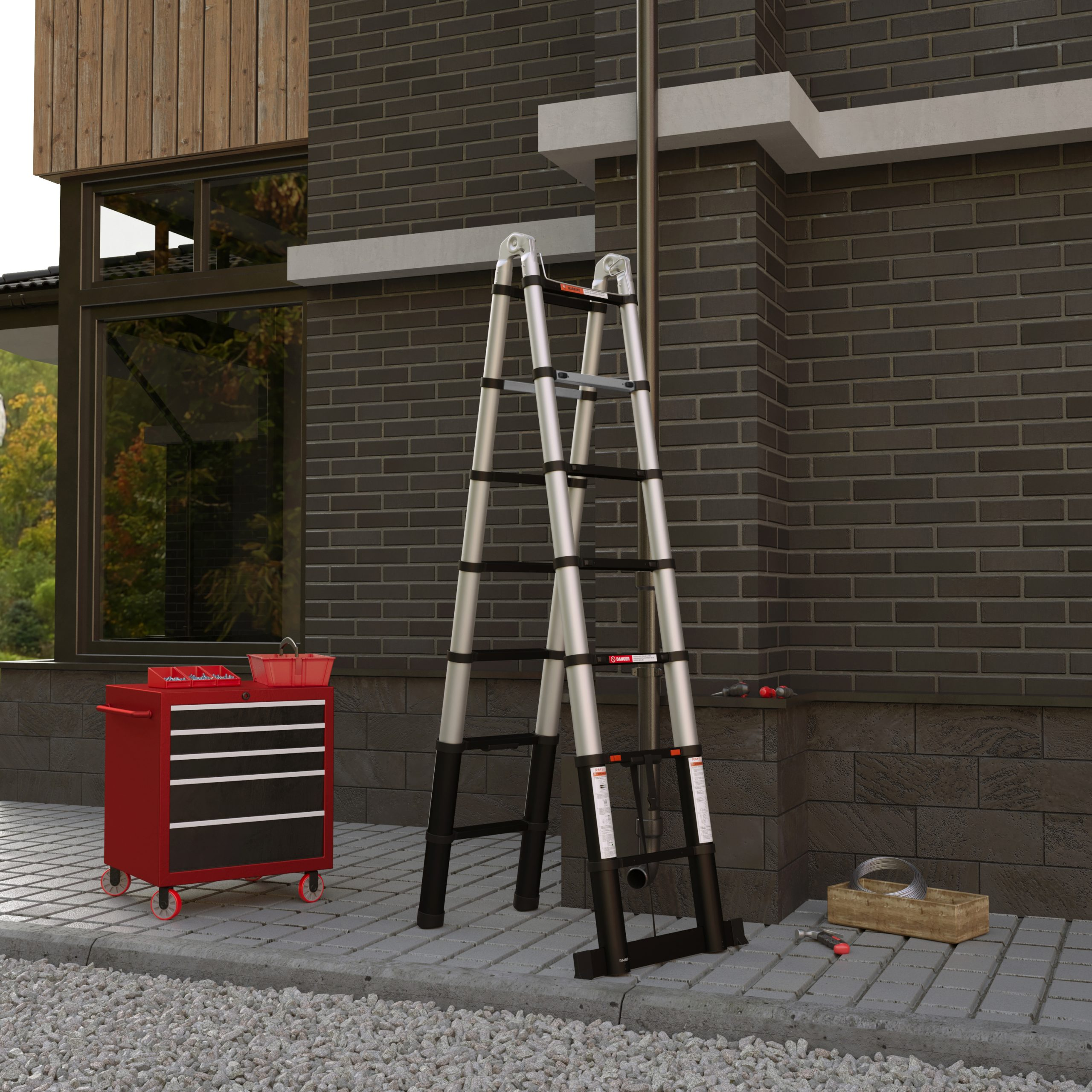 A ladder stands near a brick wall. A red toolbox and a red cabinet are on the left. Tools are on the right. 