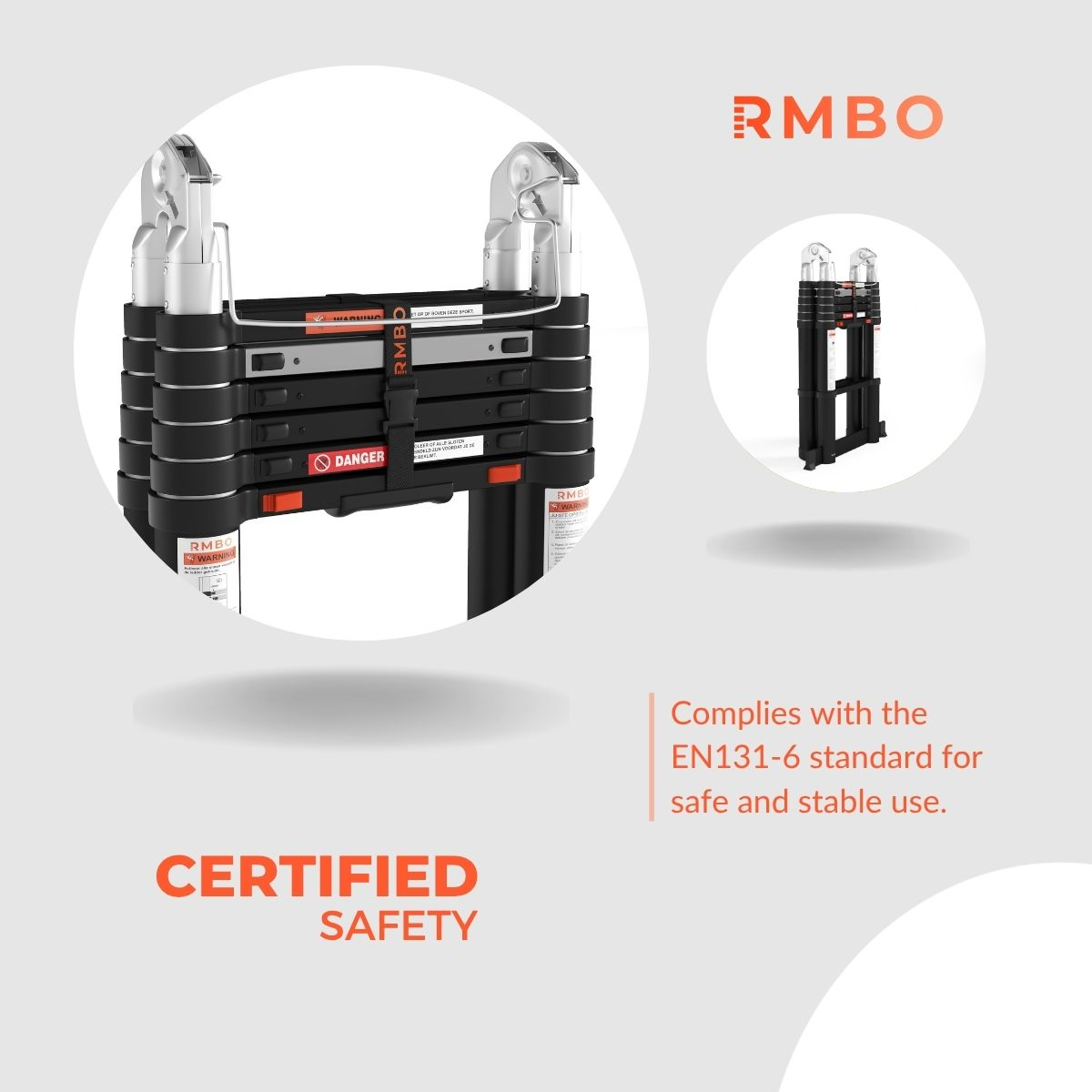 A black and silver folding ladder with safety warnings. The brand name 'RMBO' is displayed, along with 'Certified Safety'.