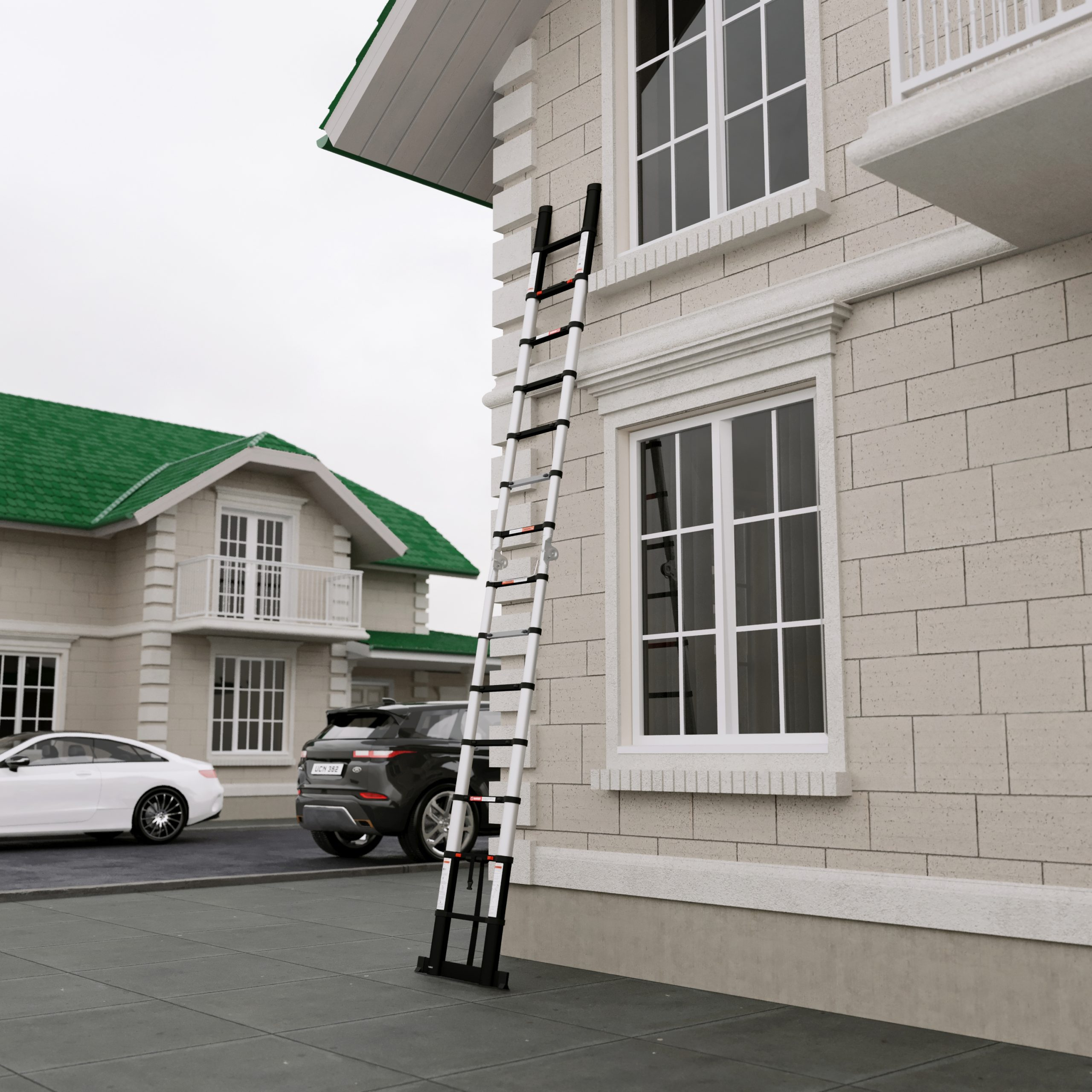 A ladder leans against a house. A white car and a black SUV are parked on the street.
