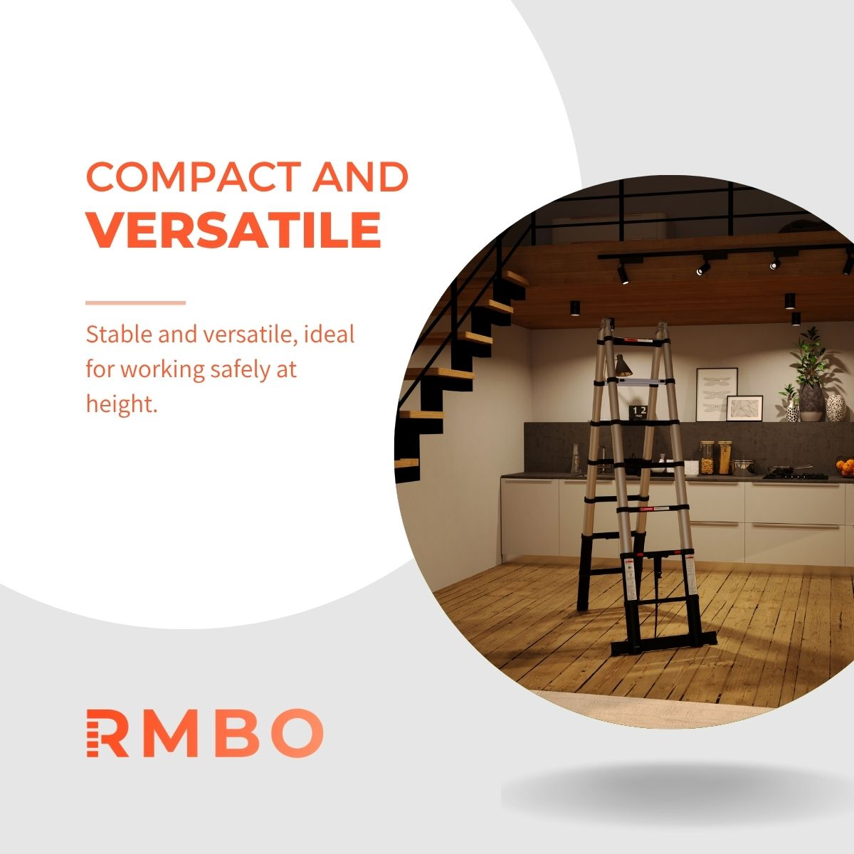 A versatile ladder stands in a kitchen. The text reads 'Compact and Versatile'. A staircase is in the background. The logo 'RMBO' is visible.