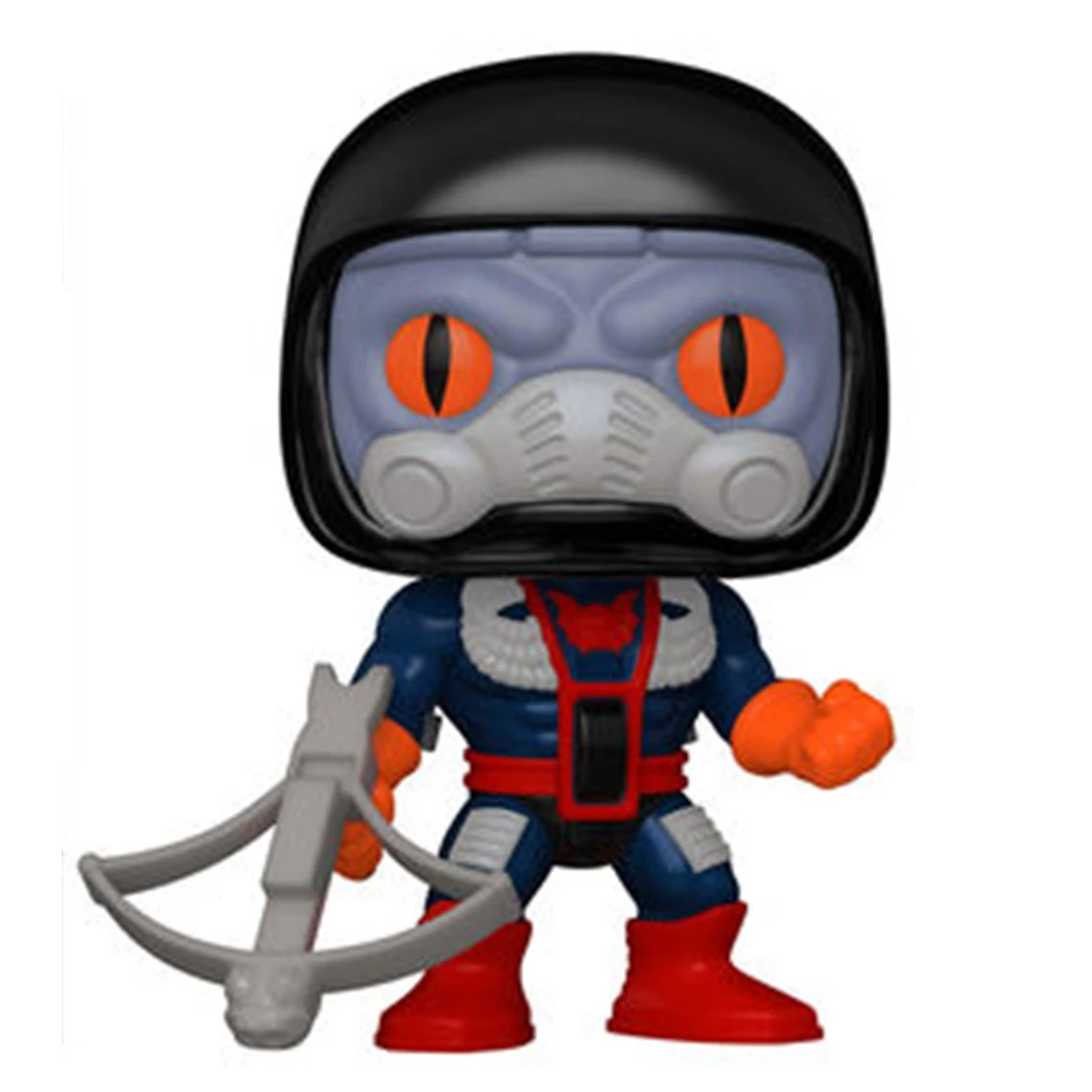 Eine Funko Pop-Figur einer Figur mit schwarzem Helm, orangen Augen und einer Armbrust. Sie trägt ein blaues und rotes Outfit.