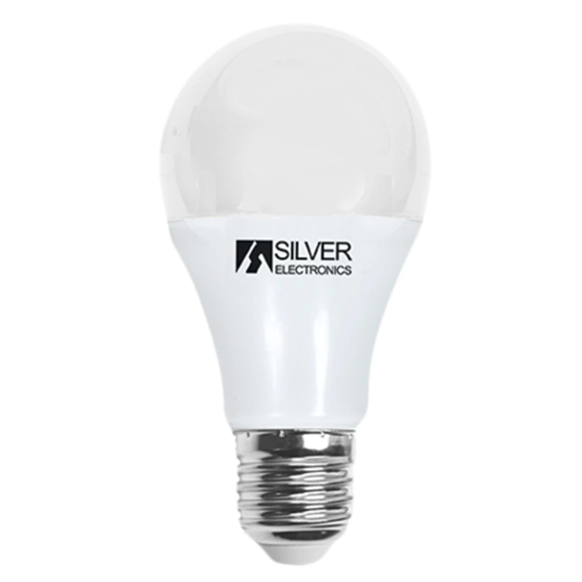 Se muestra una bombilla LED blanca con base plateada. La bombilla tiene el logotipo de Silver Electronics.
