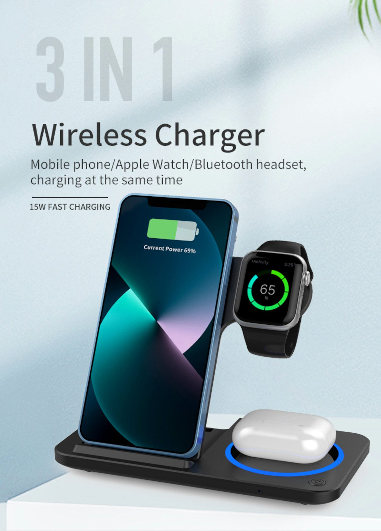 Kabelloses Ladegerät mit Telefon, Apple Watch und Ohrhörern. Telefon zeigt 69 % Ladung. Uhr zeigt Aktivität. Ohrhörer im Ladeetui.