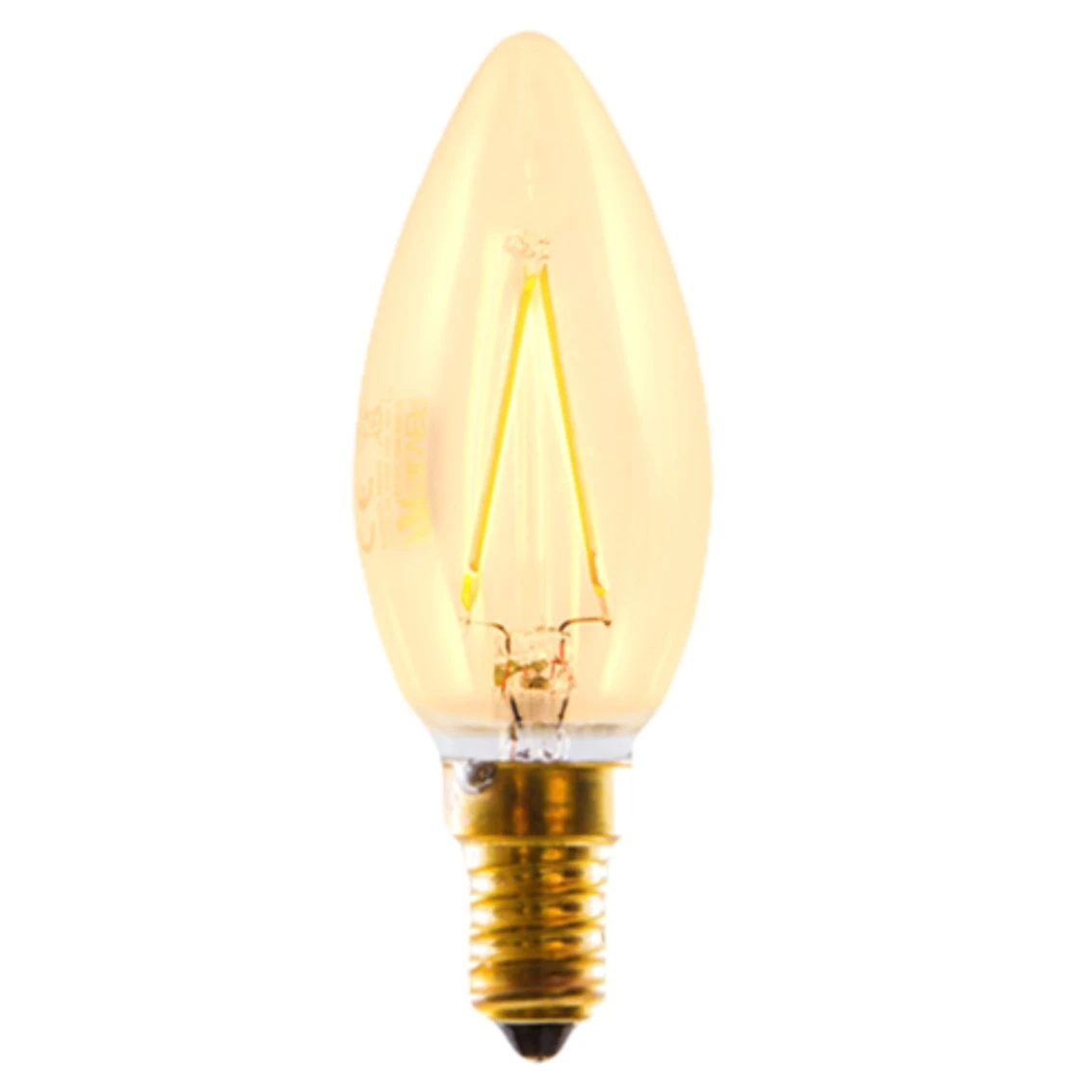 Una bombilla encendida y puntiaguda con un tono dorado. Tiene una base dorada y una carcasa de vidrio transparente. Los cables son visibles dentro del vidrio.