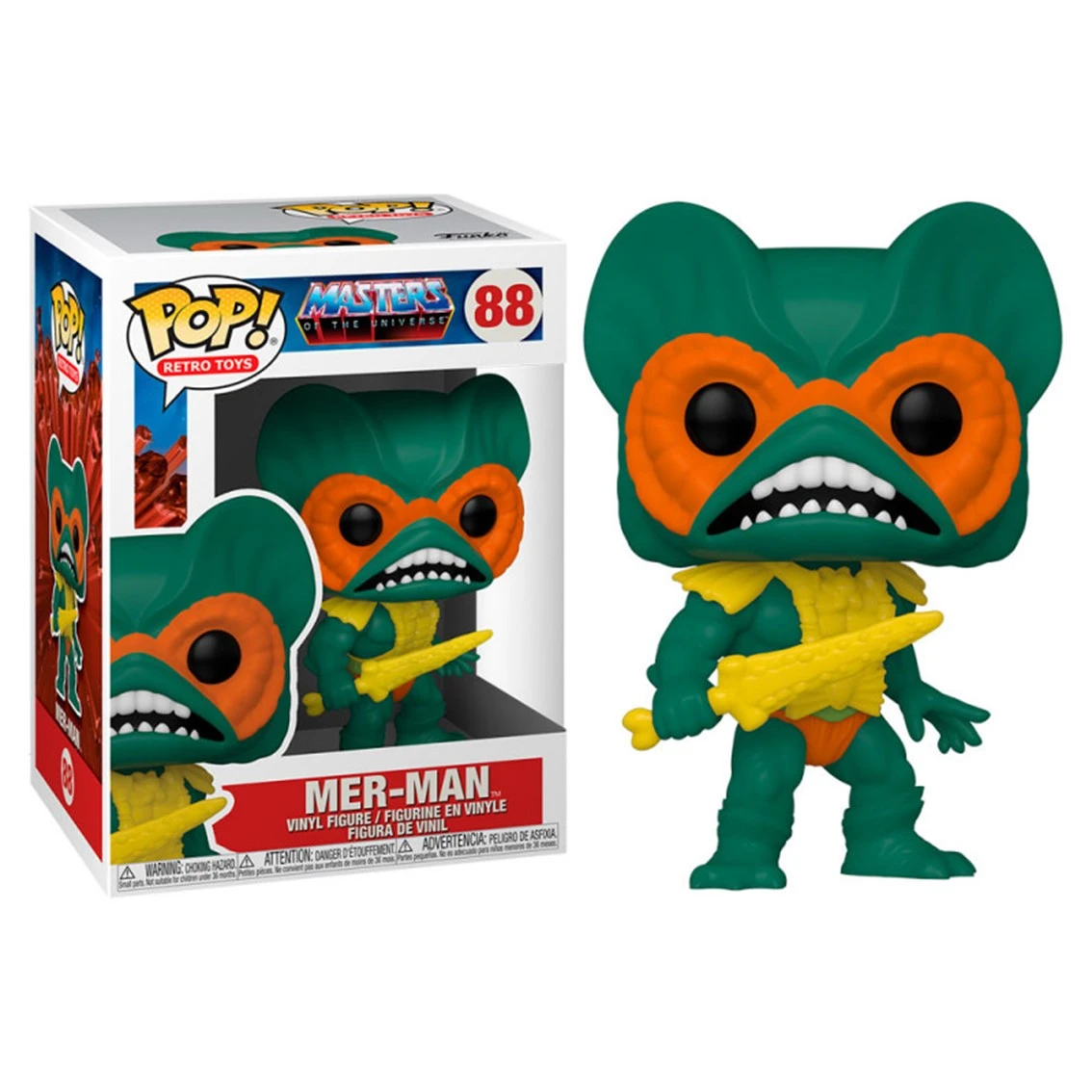 Een Mer-Man Funko Pop figuur. Groene en oranje kleuren, met een geel zwaard en een doos erachter.