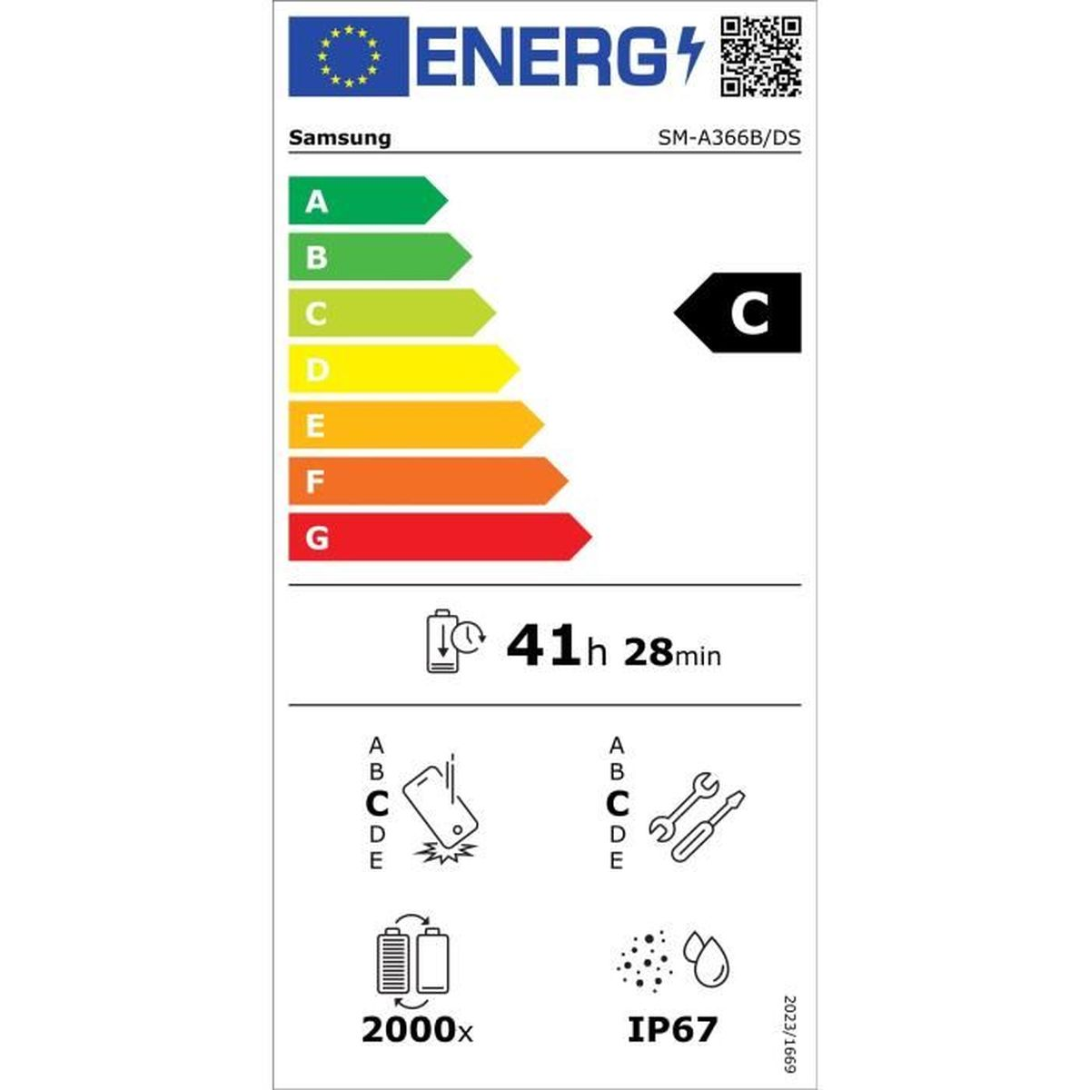 Etykieta energetyczna z logo Samsung, klasami efektywności energetycznej A-G i oceną C. Pokazuje czas pracy baterii 41h 28min.