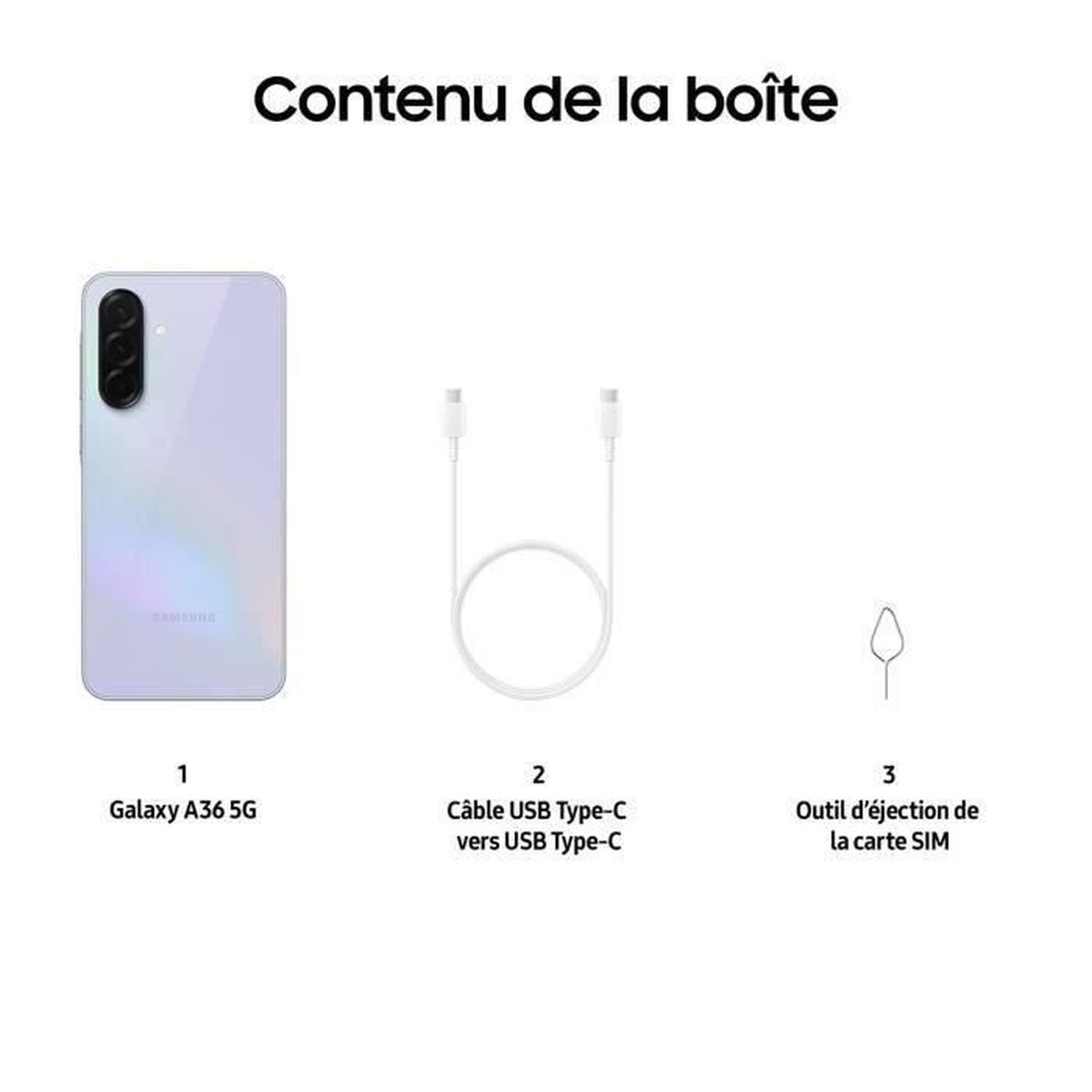 Obrazek przedstawia telefon, kabel USB i wyrzutnik SIM. Tekst brzmi 'Contenu de la boîte'.