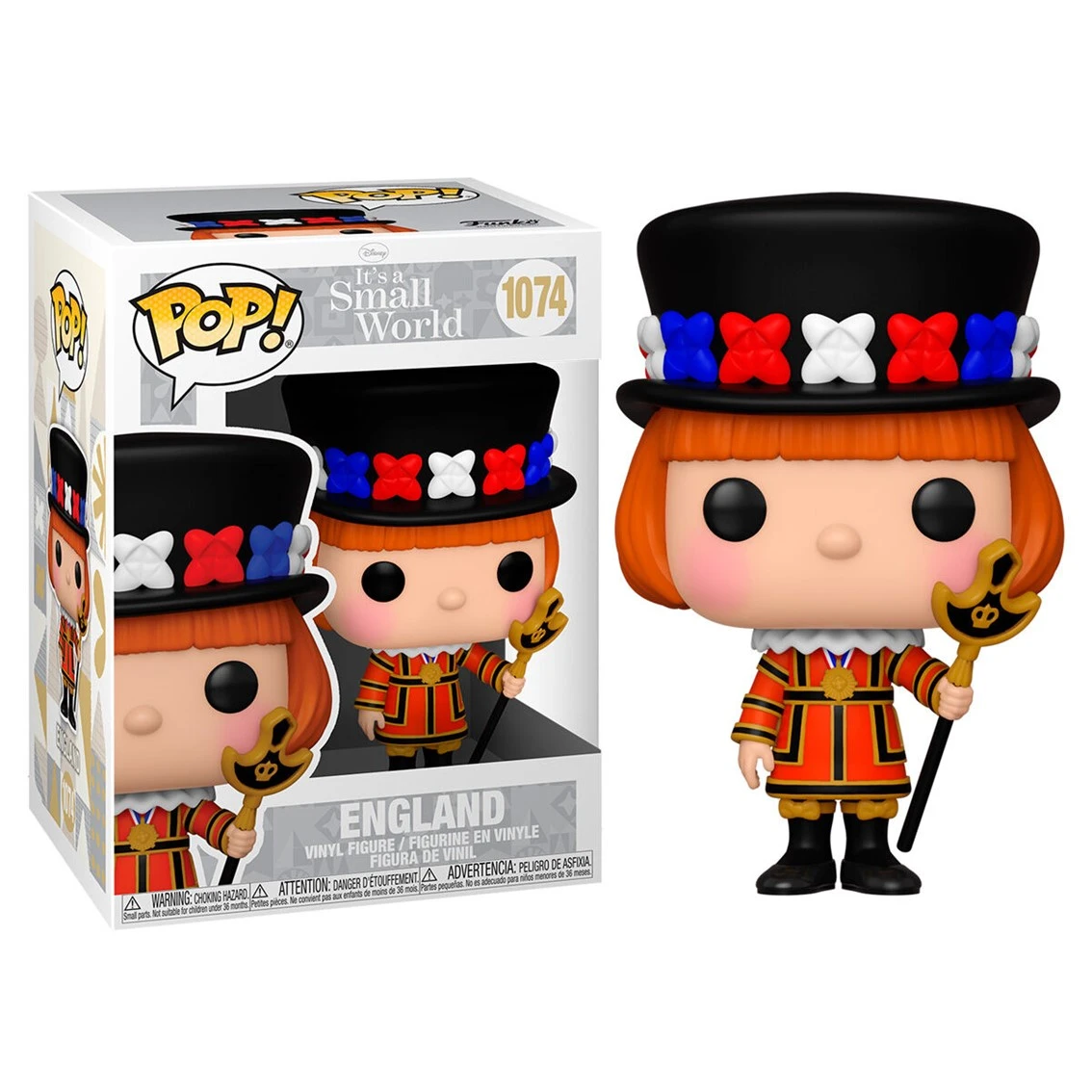 Eine Funko Pop-Figur eines englischen Wächters aus 'It's a Small World'. Sie hat einen schwarzen Hut, rotes Haar und ein goldenes Zepter.