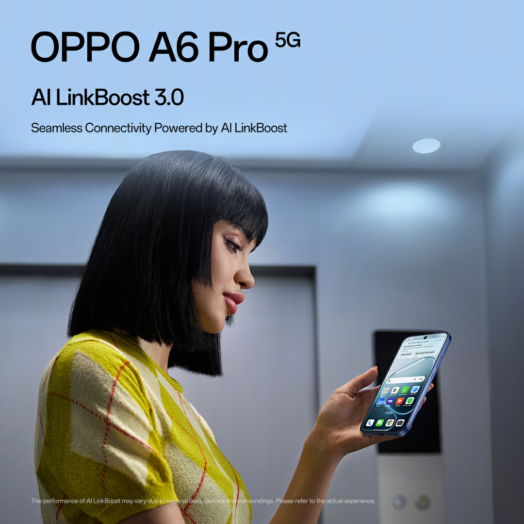 A woman holds a phone. The phone's screen is visible. Text in the background says 'OPPO A6 Pro 5G' and 'Al LinkBoost 3.0'.