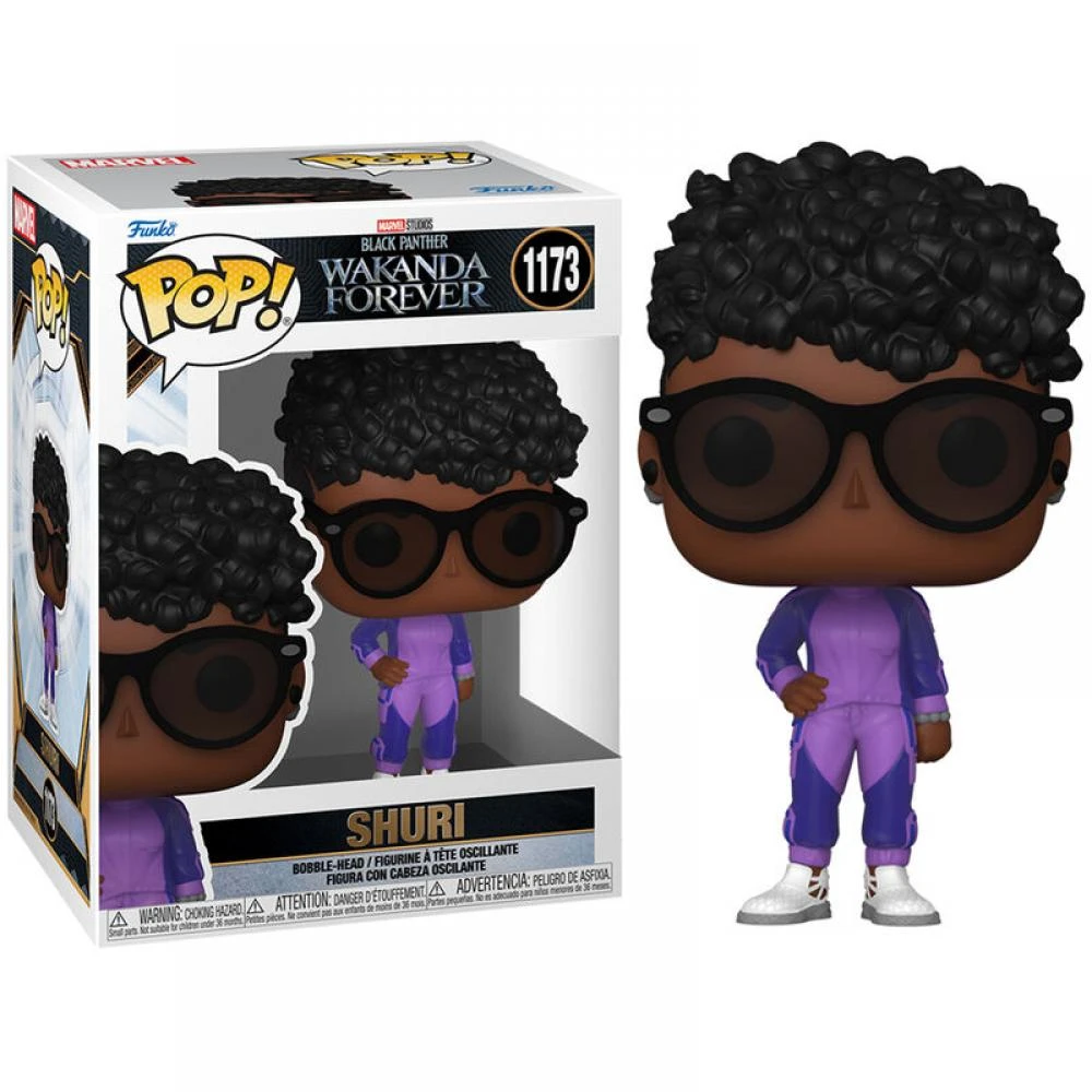 Una figura Funko Pop de Shuri de Black Panther: Wakanda Forever. Lleva un traje morado y gafas. La caja tiene la misma imagen.