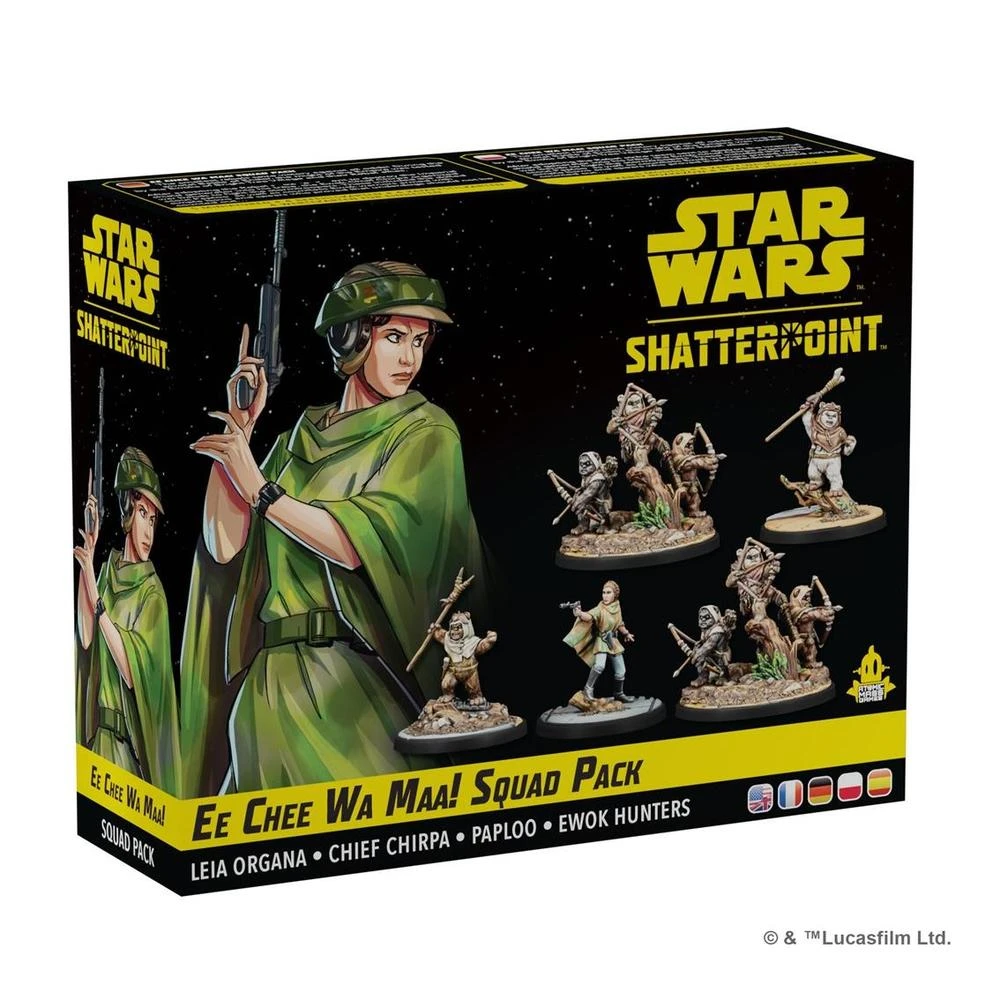 Arte de la caja Star Wars Shatterpoint. Muestra a Leia Organa, Jefe Chirpa, Paploo y cazadores Ewok. El arte de la caja es mayormente negro.