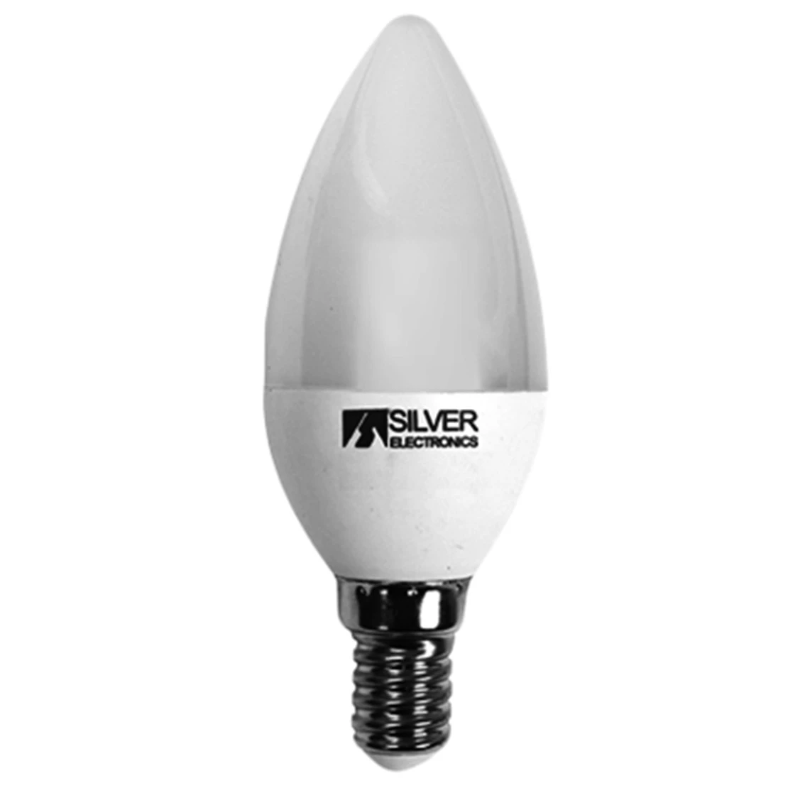 Una bombilla LED blanca con base de candelabro. La bombilla tiene forma cónica y la marca 'SILVER ELECTRONICS'.