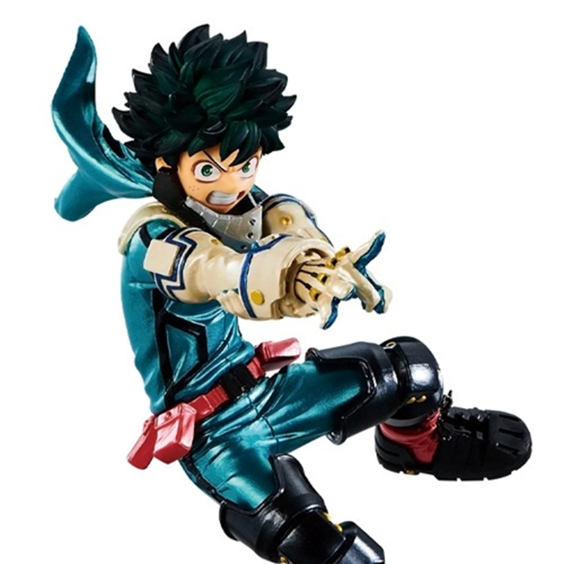 Figura de un personaje de anime masculino en pose dinámica. Viste un traje verde azulado y blanco, con botas negras. Su cabello es verde.