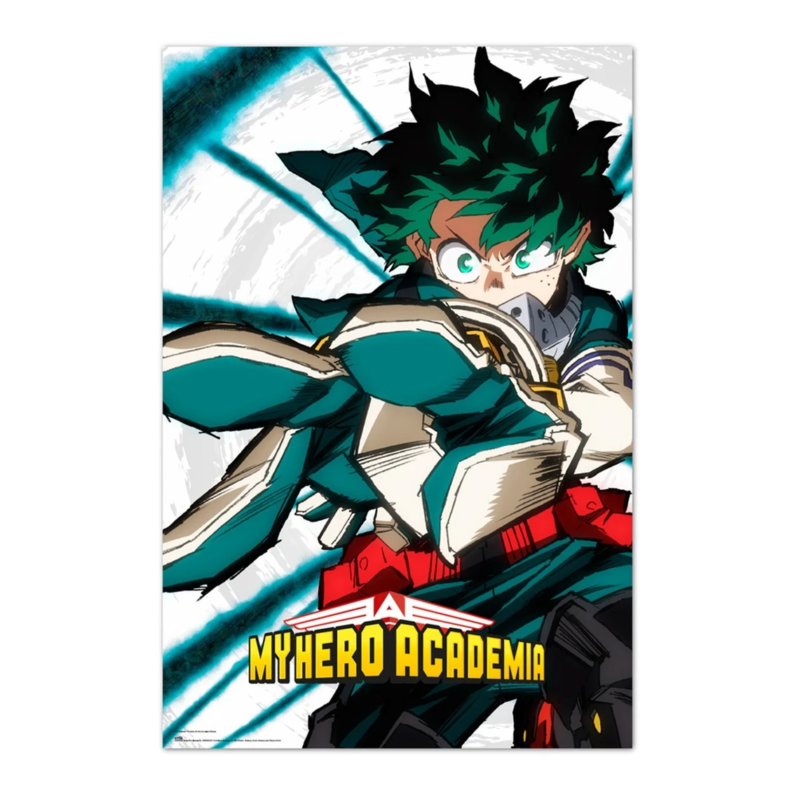 Personaje de anime con traje de superhéroe verde y blanco, pelo verde y las palabras "My Hero Academia".