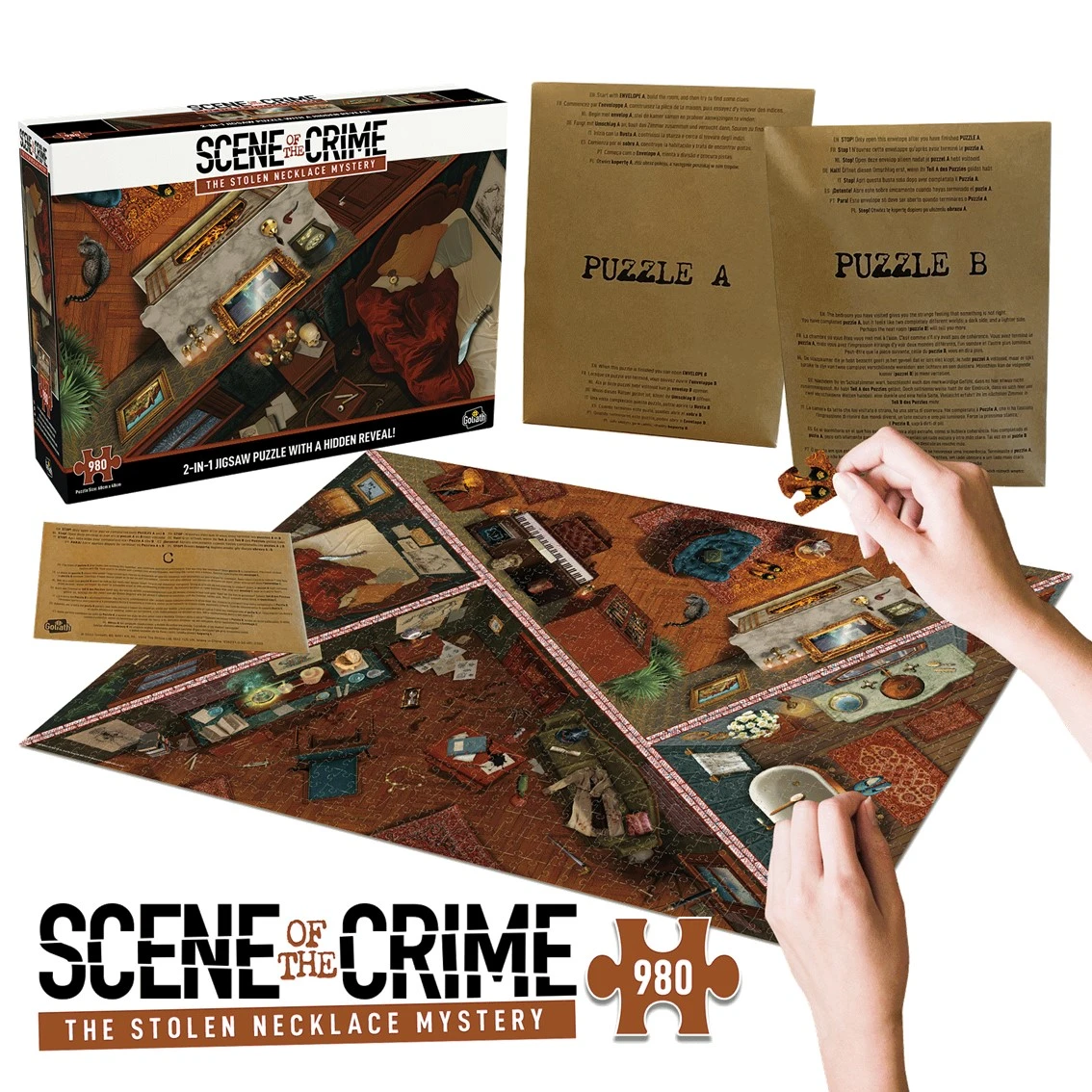 Scatola e pezzi di puzzle. Mani che posizionano un pezzo. Il puzzle mostra una scena di stanza, con oggetti e indizi. Testo: Scene of the Crime.