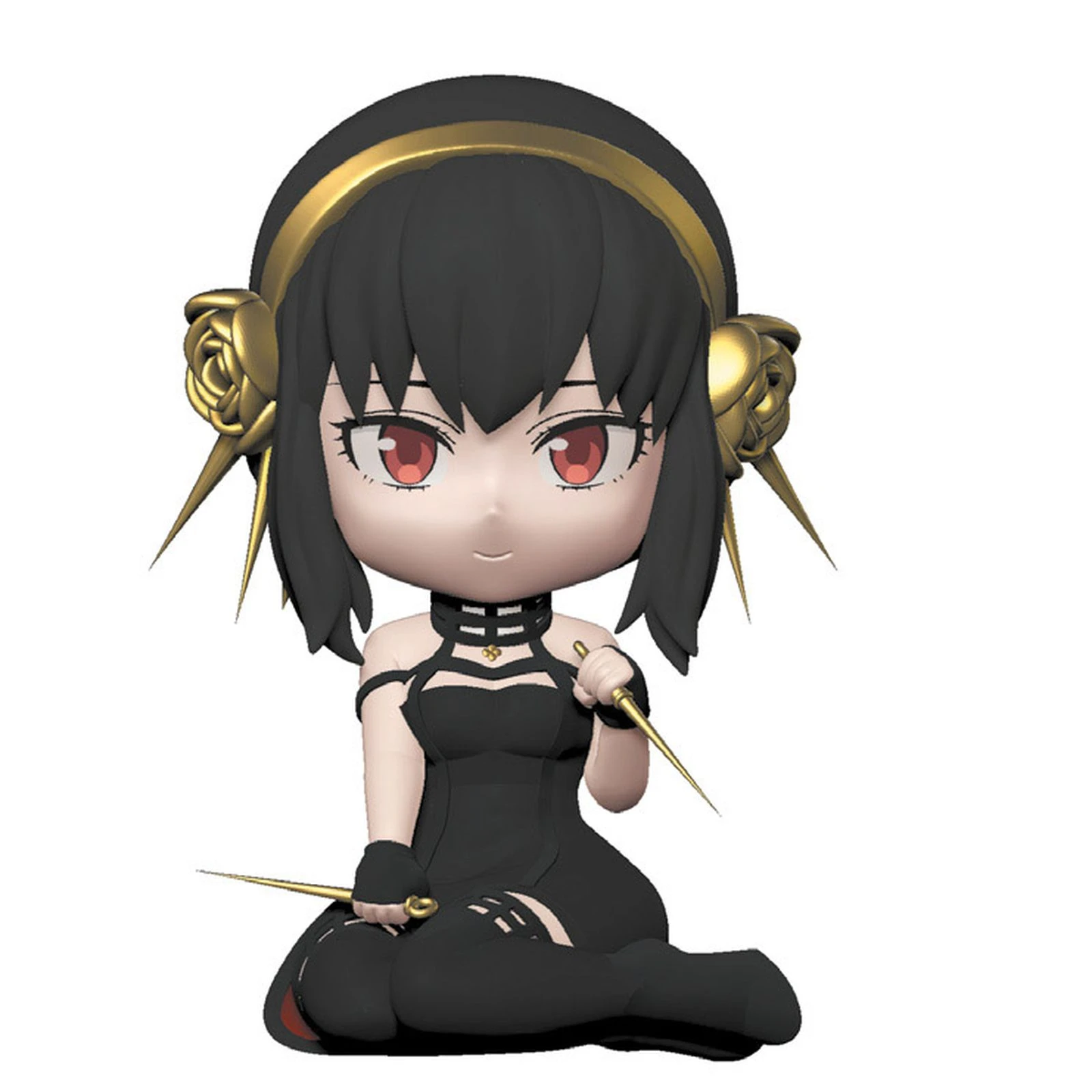 Una figura chibi de una mujer con un vestido negro, sosteniendo dagas doradas. Tiene cabello negro con detalles dorados y ojos rojos.