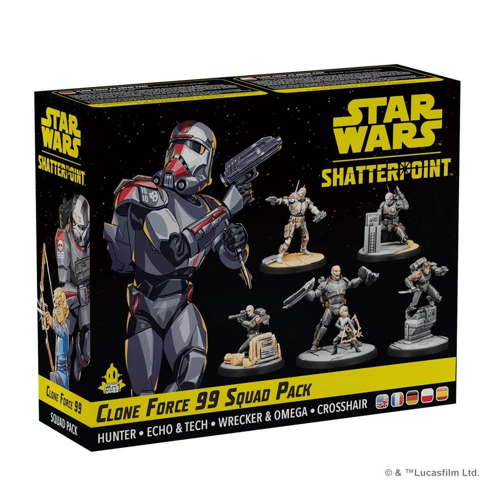 Una caja de Star Wars Shatterpoint. Presenta figuras de Clone Force 99. La caja es negra con la marca Star Wars e imágenes de personajes.