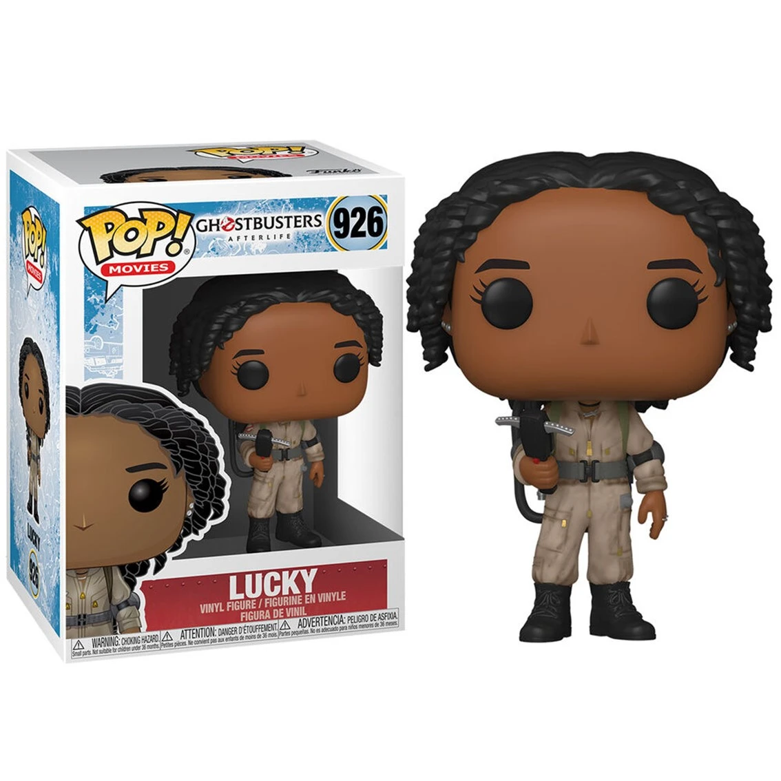 Una figura Funko Pop di Ghostbusters Afterlife di Lucky, con un pacchetto protonico. La figura è in una scatola con il logo Pop Movies.