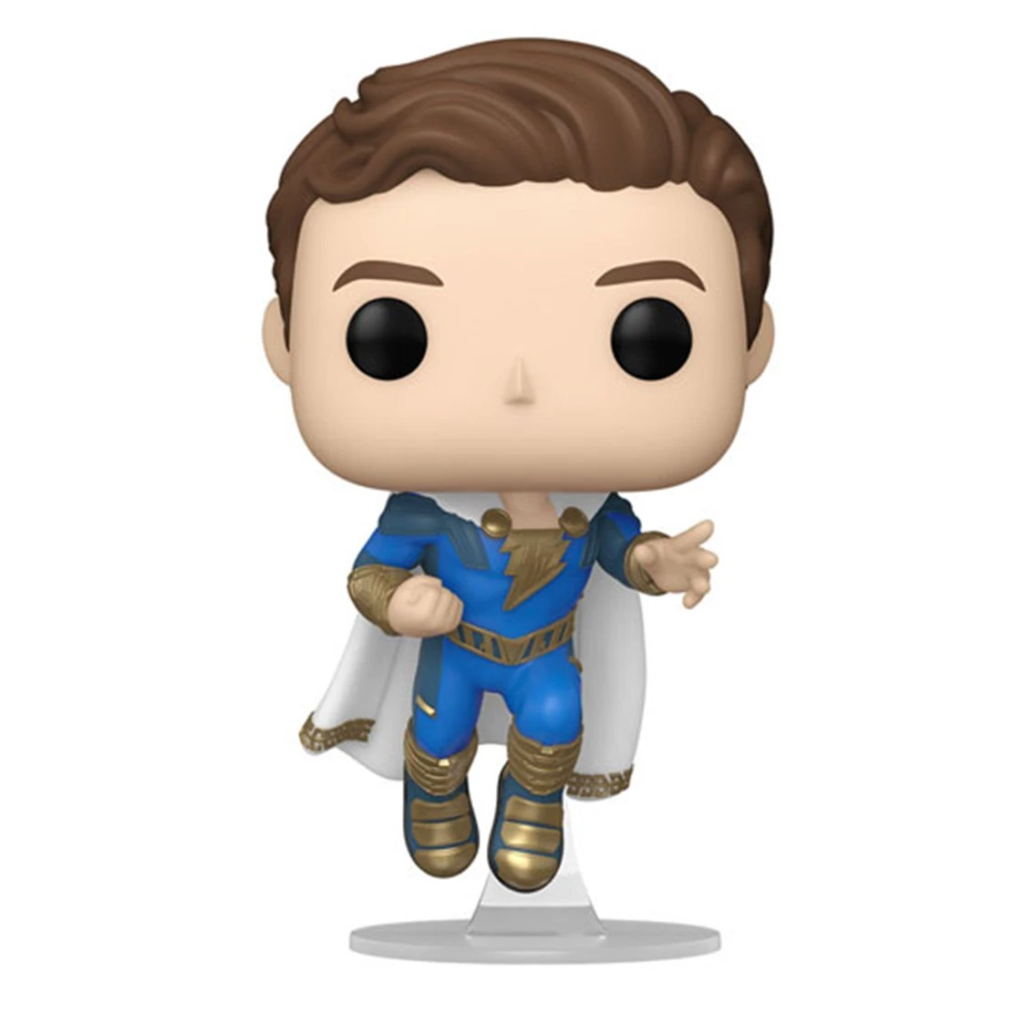 Eine Shazam Funko Pop Figur. Es ist eine Figur mit weißem Umhang, blauem Anzug und goldenen Akzenten, die auf einem transparenten Sockel steht.