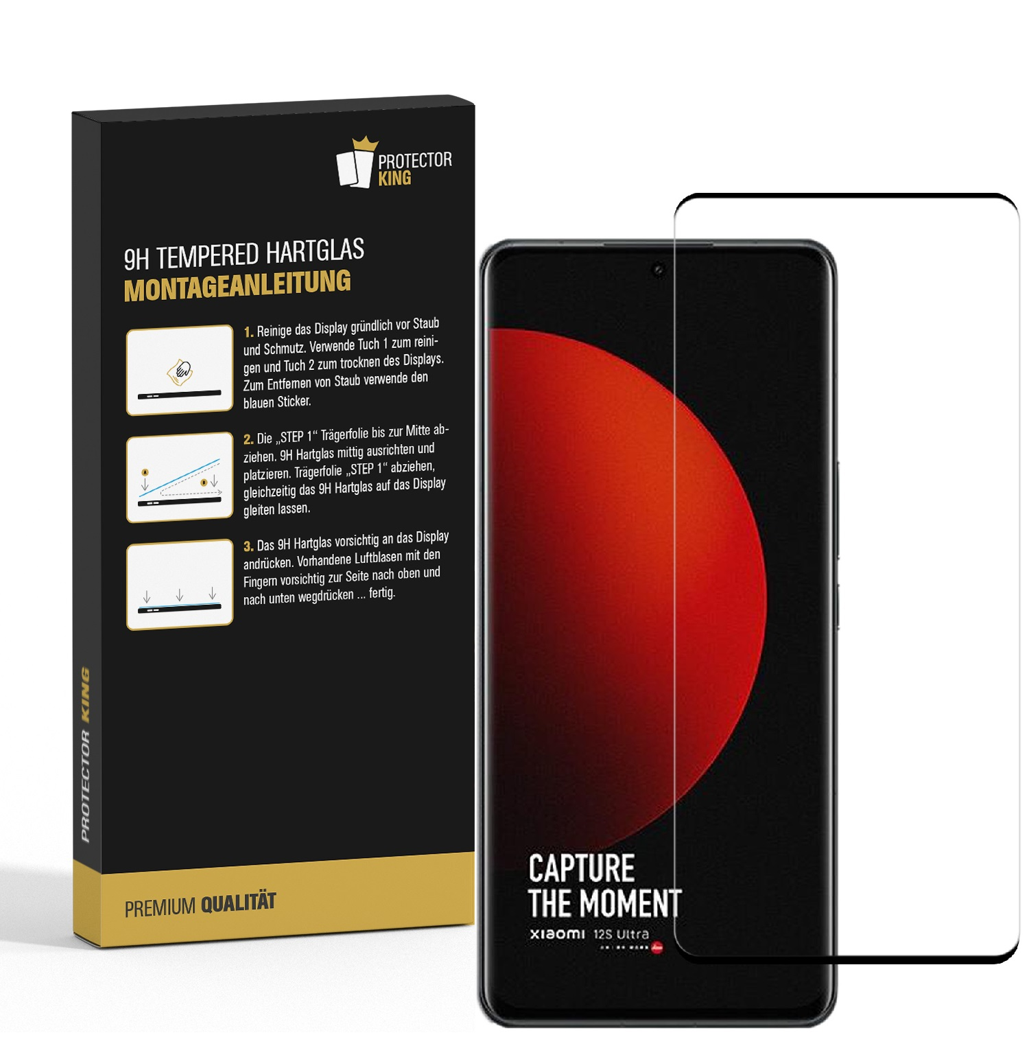 Ein Displayschutzfolien-Kit. Enthält eine Box mit Anweisungen, eine Displayschutzfolie und ein Telefon mit rotem Kreis.