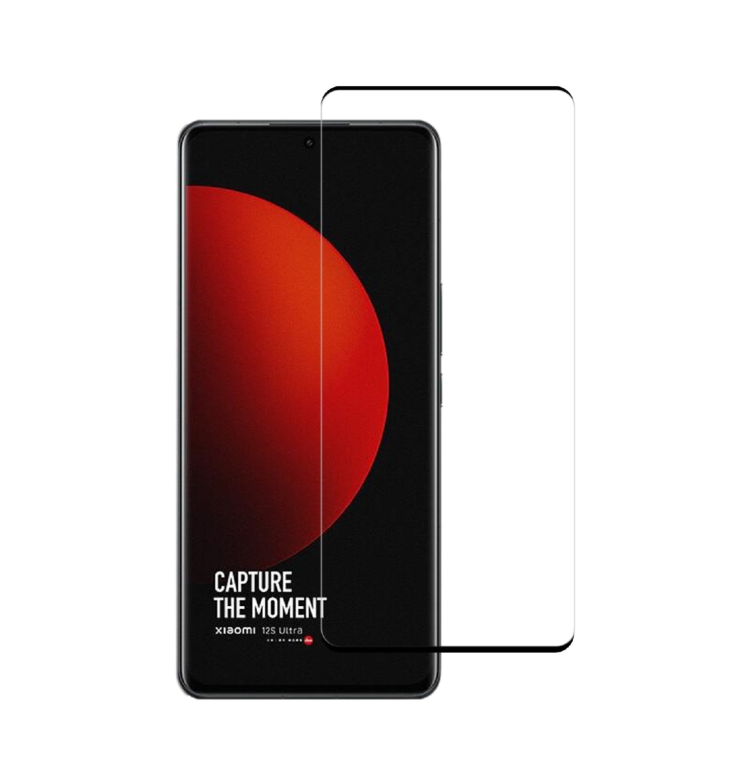 Ein Xiaomi 12S Ultra-Telefon mit Displayschutzfolie. Das Telefon zeigt einen roten Kreis auf schwarzem Hintergrund mit Text: Capture The Moment.